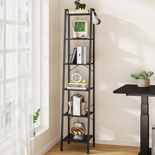 Ladder Shelf, Bookshelf Bookcase, Freestanding Corner Storage Shelve with 2 Hooks for Home Office, Living Room, Kitchen, Bedroom, Industrial, 11.8" D x 13.4" W x 63" H, Rustic Brown BC03201B