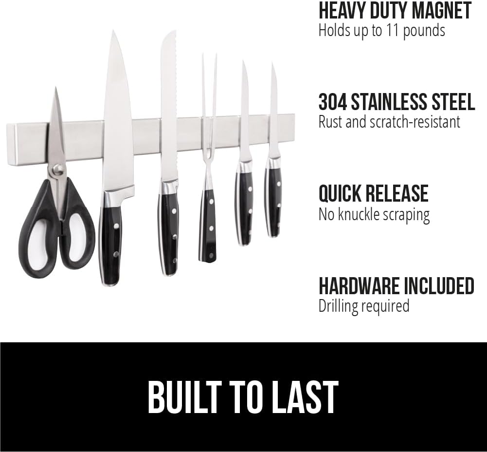 GORILLA GRIP Stainless Steel Magnetic Knife Holder for Wall, 24 in, Magnet Bar for Knives, Tools, Supplies, Heavy Duty Metal Strip Holds Up to 6 lbs, Kitchen Organizer, Non-Adhesive, Drilling Required