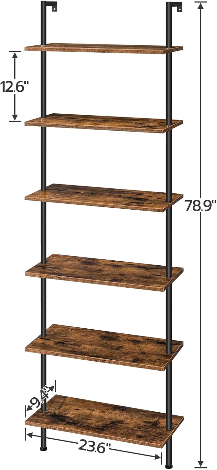 HOOBRO DIY Ladder Shelf, 6-Tier Wall Mounted Bookshelf, Office Vertical Bookcase, Wooden Storage Shelves for Home Office, Bedroom, Rustic Brown and Black BF65CJ01
