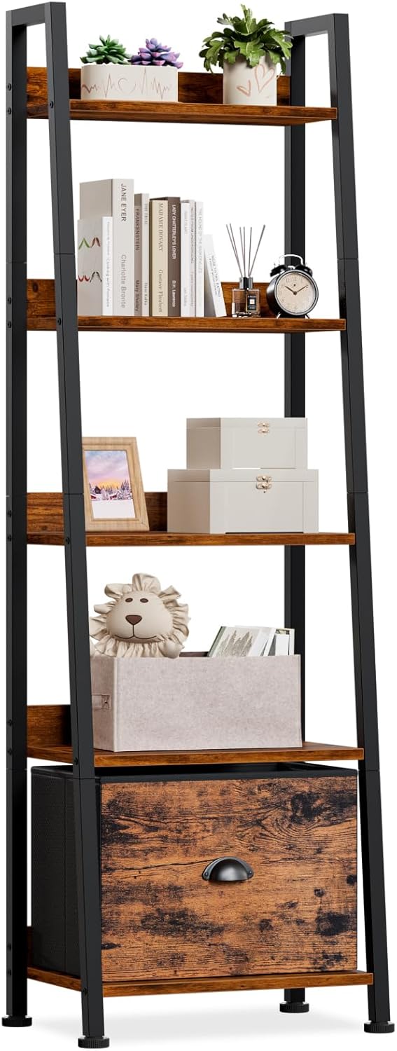 Furologee 5-Tier Ladder Shelf, Ladder Bookshelf with Removable Drawer, Rustic Bookcase Storage Rack Organizer, Wood Metal Freestanding Storage Shelf for Living Room, Home Office, Bedroom, Balcony
