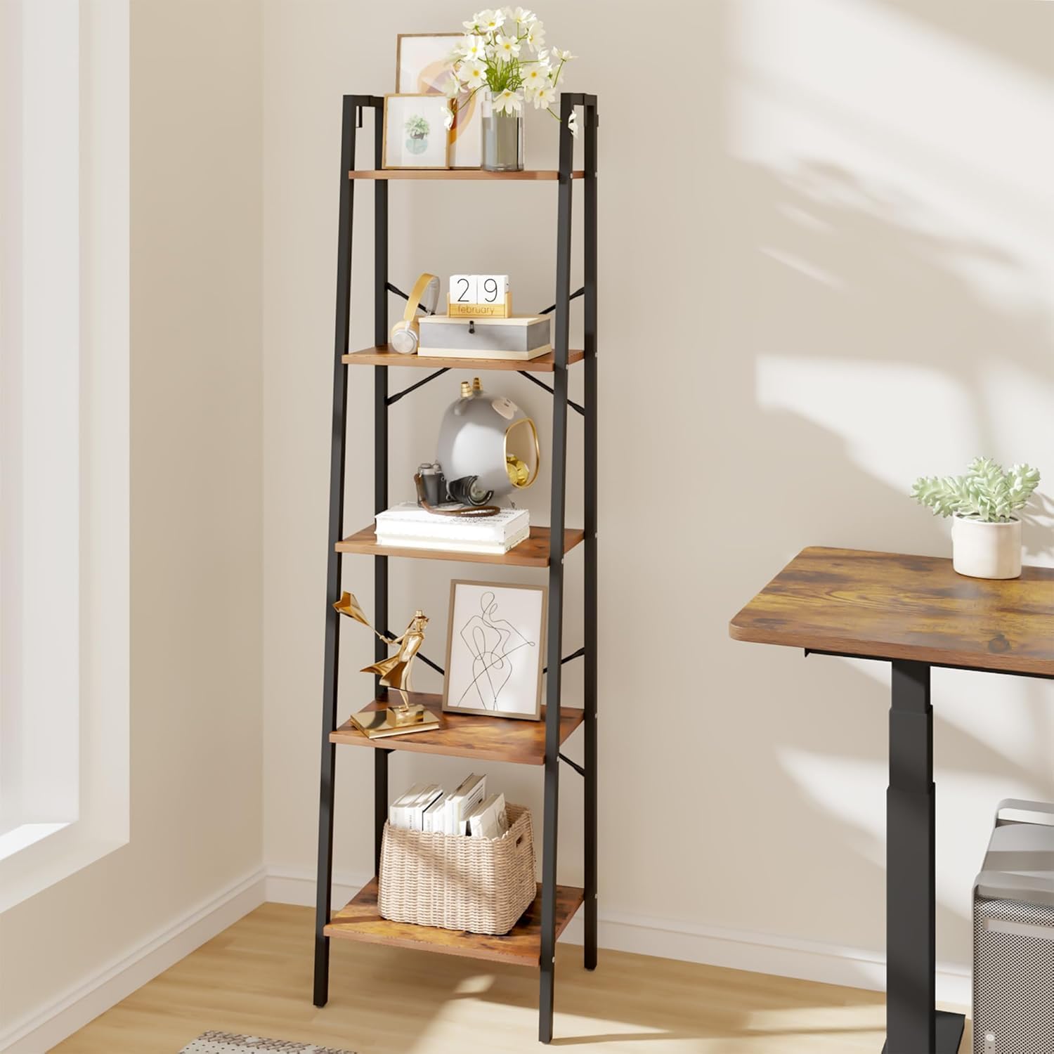 Ladder Shelf, Bookshelf Bookcase, Freestanding Corner Storage Shelve with 2 Hooks for Home Office, Living Room, Kitchen, Bedroom, Industrial, 11.8" D x 13.4" W x 63" H, Rustic Brown BC03201B