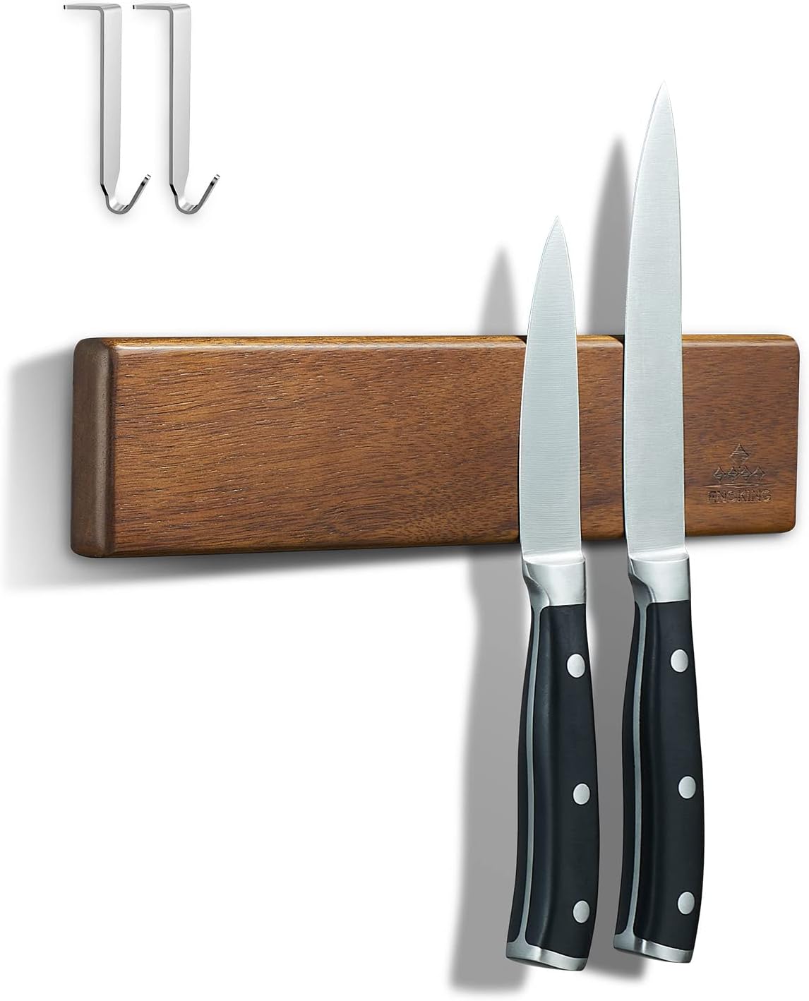 ENOKING 16 Inch Strong Magnetic Knife Holder for Wall, Solid Acacia Wood Knife Bar with 4 Hooks, 3-Way Installation: No-Drill Wall Mount, Screw Mount, & Refrigerator Slip-Proof Magnet Strip