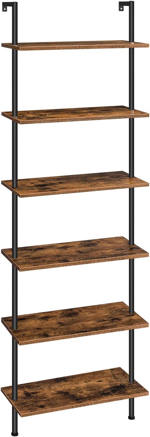 HOOBRO DIY Ladder Shelf, 6-Tier Wall Mounted Bookshelf, Office Vertical Bookcase, Wooden Storage Shelves for Home Office, Bedroom, Rustic Brown and Black BF65CJ01
