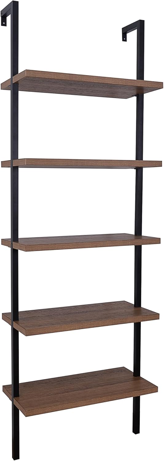 Nathan James Theo 5-Shelf Oak Wood Modern Bookcase, Open Wall Mount Ladder Bookshelf with Industrial Black Metal Frame