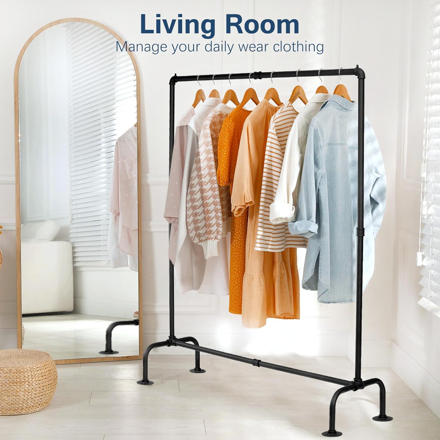 Industrial Pipe Clothing Rack Free Standing,Vintage Style Detachable Garment Rack with 4 Stable Feet for Hanging Clothes Storage Retail Display,Black