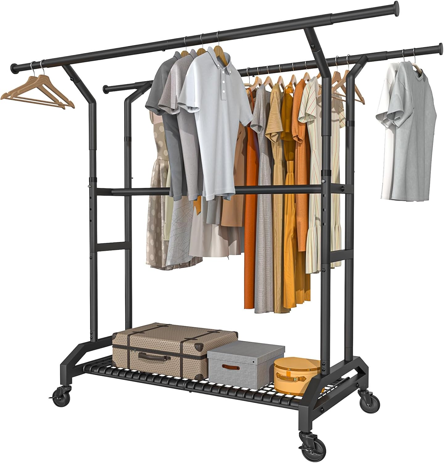 Heavy Duty Clothes Rack for Hanging Clothes 350lbs Clothing Rack 3" industrial Wheels 51 to 71" W x 16.53" D x 65" to 71" H Adjustable Rolling Clothes Rack Coat Rack Garment Rack Black