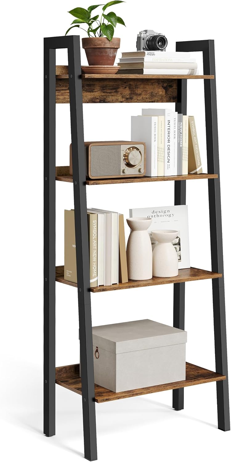 VASAGLE Ladder Shelf, 5-Tier Bookshelf, Storage Rack, Bookcase with Steel Frame, for Living Room, Home Office, Kitchen, Bedroom, Industrial Style, Ebony Black and Ink Black ULLS045B56