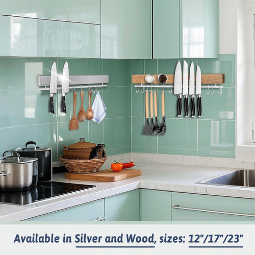 17 Inch Magnetic Knife Holder for Wall - Stainless Steel Knife Magnetic Strip No Drill with 10 Hooks/Adhesive Tape/Screws, Kitchen Utensil Holder, Magnetic Knife Organizer, Wall Mounted Knife Storage