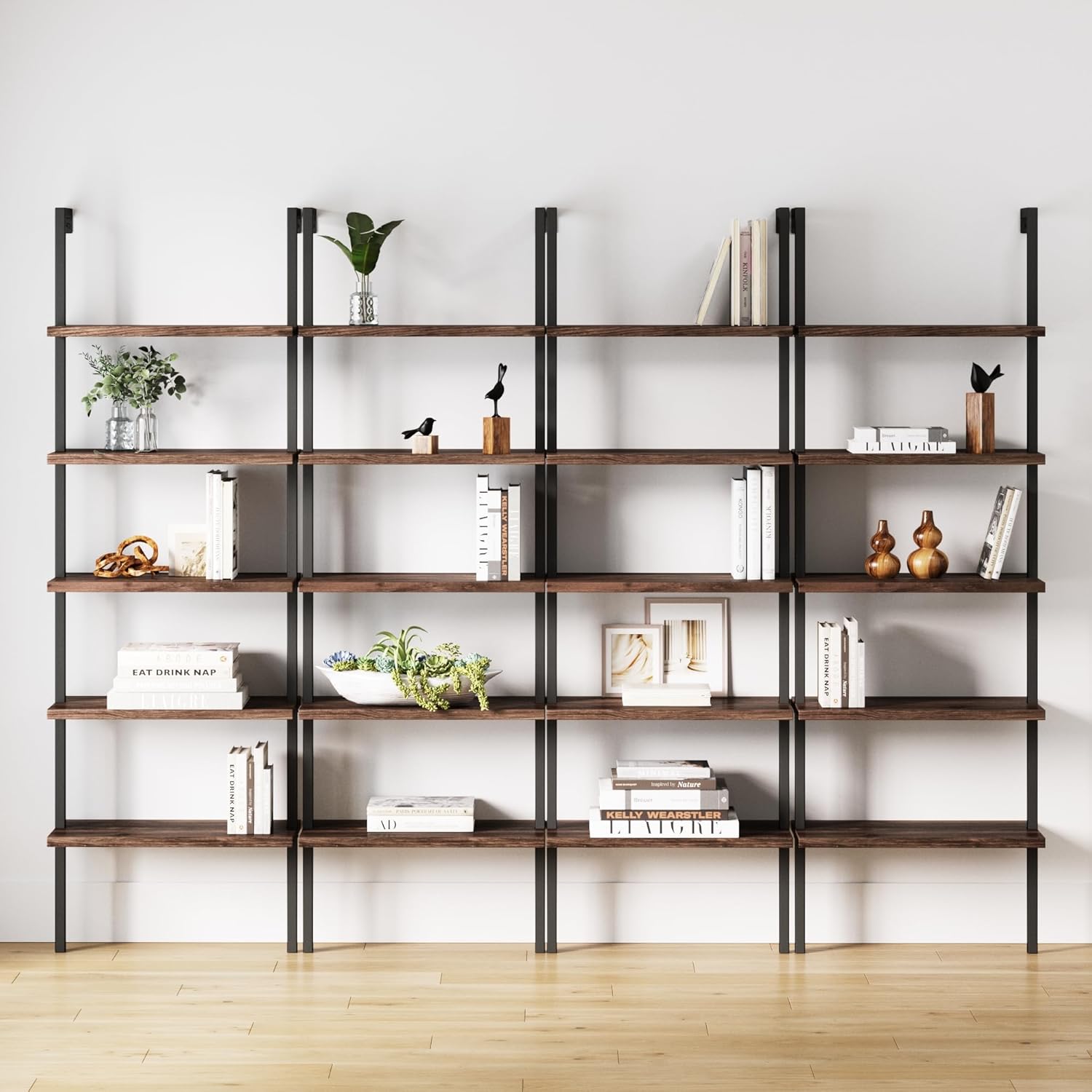 Nathan James Theo 5-Shelf Oak Wood Modern Bookcase, Open Wall Mount Ladder Bookshelf with Industrial Black Metal Frame