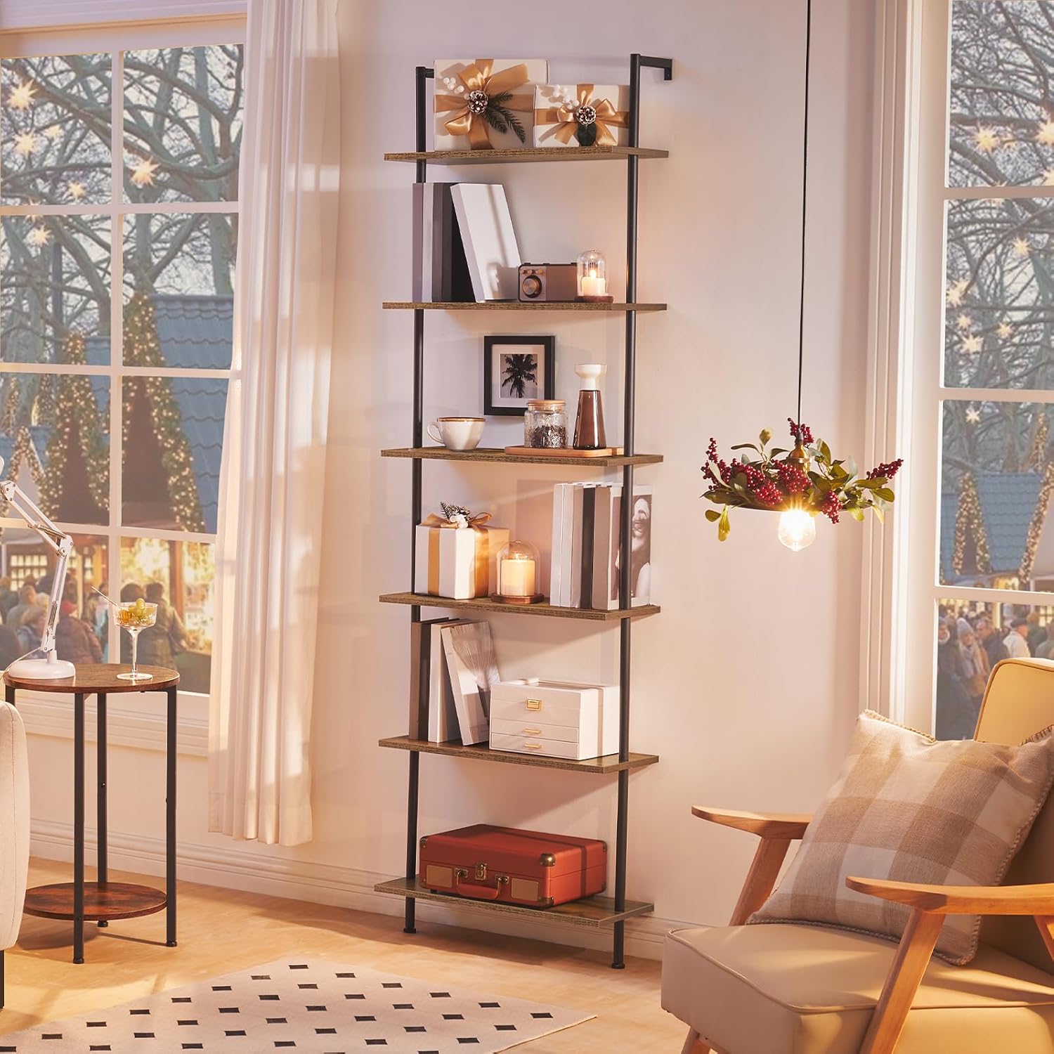 HOOBRO DIY Ladder Shelf, 6-Tier Wall Mounted Bookshelf, Office Vertical Bookcase, Wooden Storage Shelves for Home Office, Bedroom, Rustic Brown and Black BF65CJ01