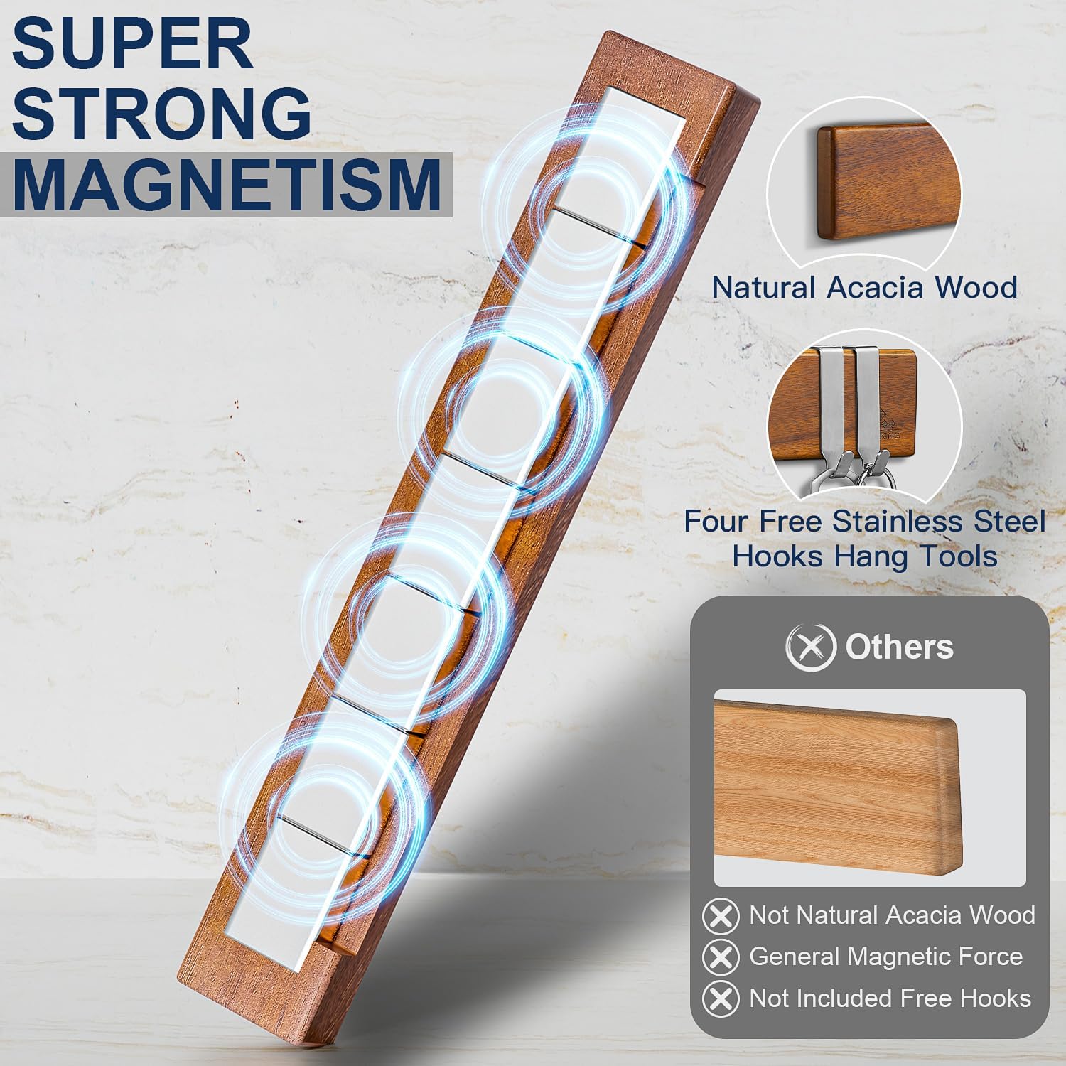 ENOKING 16 Inch Strong Magnetic Knife Holder for Wall, Solid Acacia Wood Knife Bar with 4 Hooks, 3-Way Installation: No-Drill Wall Mount, Screw Mount, & Refrigerator Slip-Proof Magnet Strip