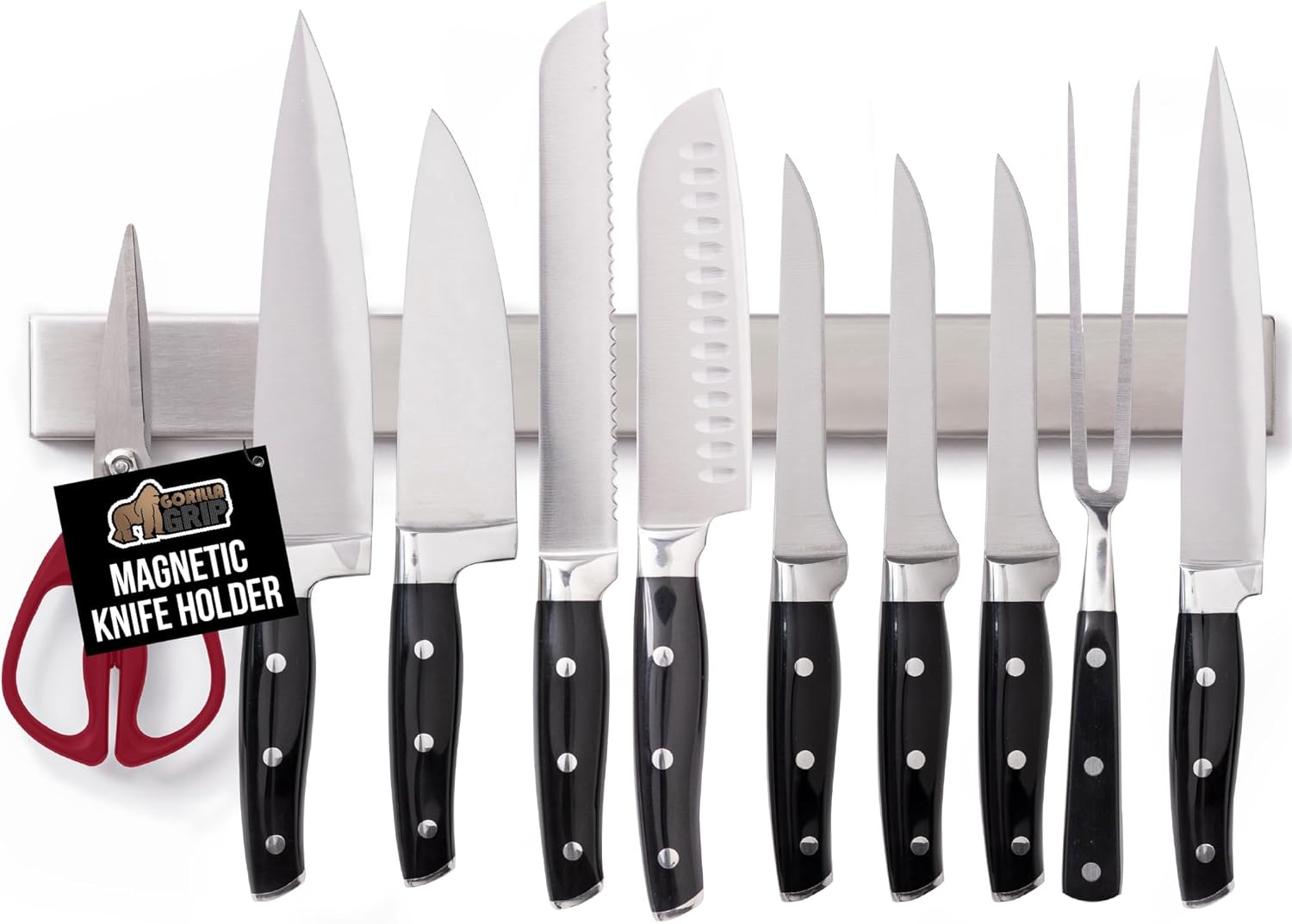GORILLA GRIP Stainless Steel Magnetic Knife Holder for Wall, 24 in, Magnet Bar for Knives, Tools, Supplies, Heavy Duty Metal Strip Holds Up to 6 lbs, Kitchen Organizer, Non-Adhesive, Drilling Required