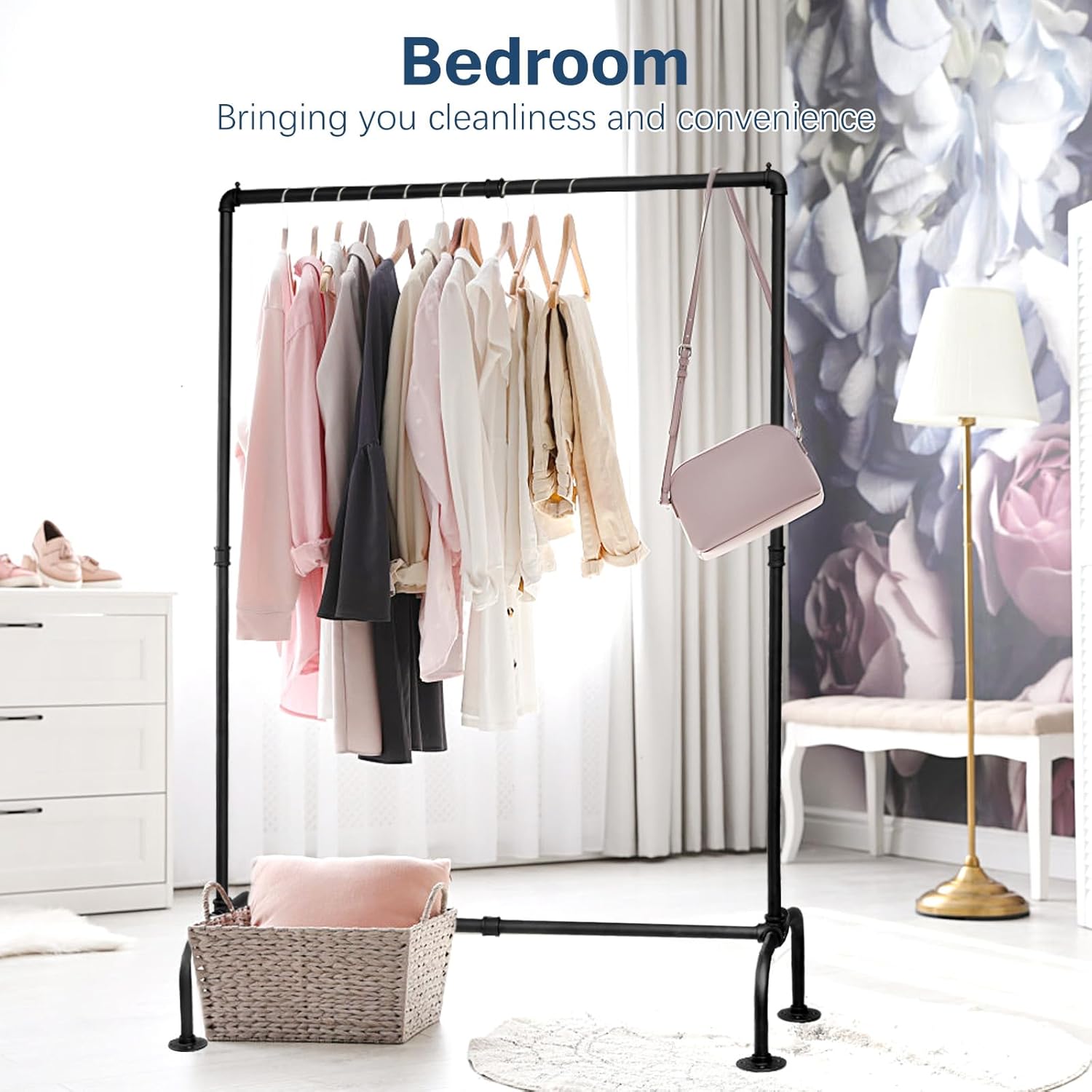 Industrial Pipe Clothing Rack Free Standing,Vintage Style Detachable Garment Rack with 4 Stable Feet for Hanging Clothes Storage Retail Display,Black