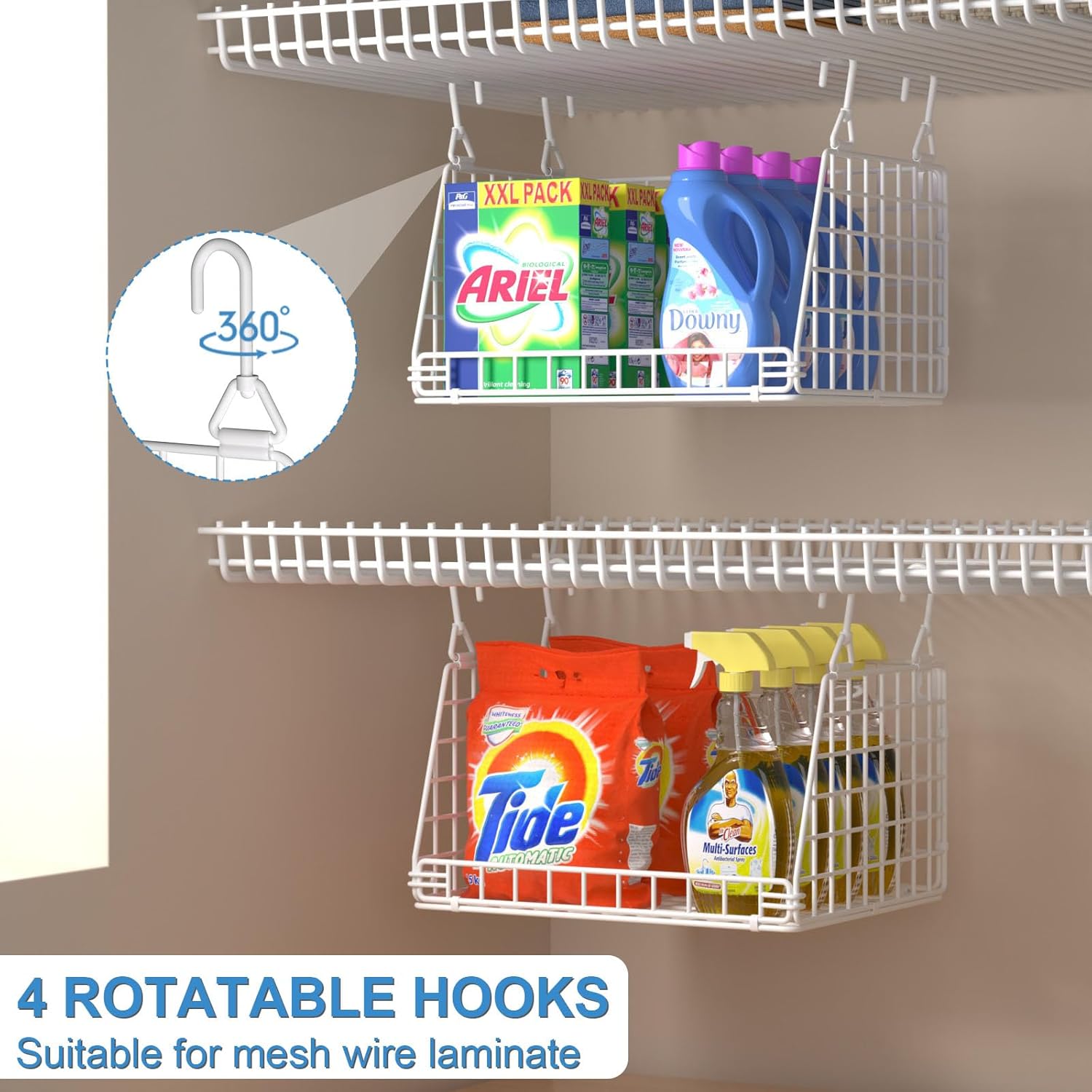 3-Pack Laundry Room Organization and Storage, Hanging Wire Basket for Laundry with 360°Rotating Hooks, Over Washer and Dryer Shelves, Laundry Organizers and Storage Basket, white
