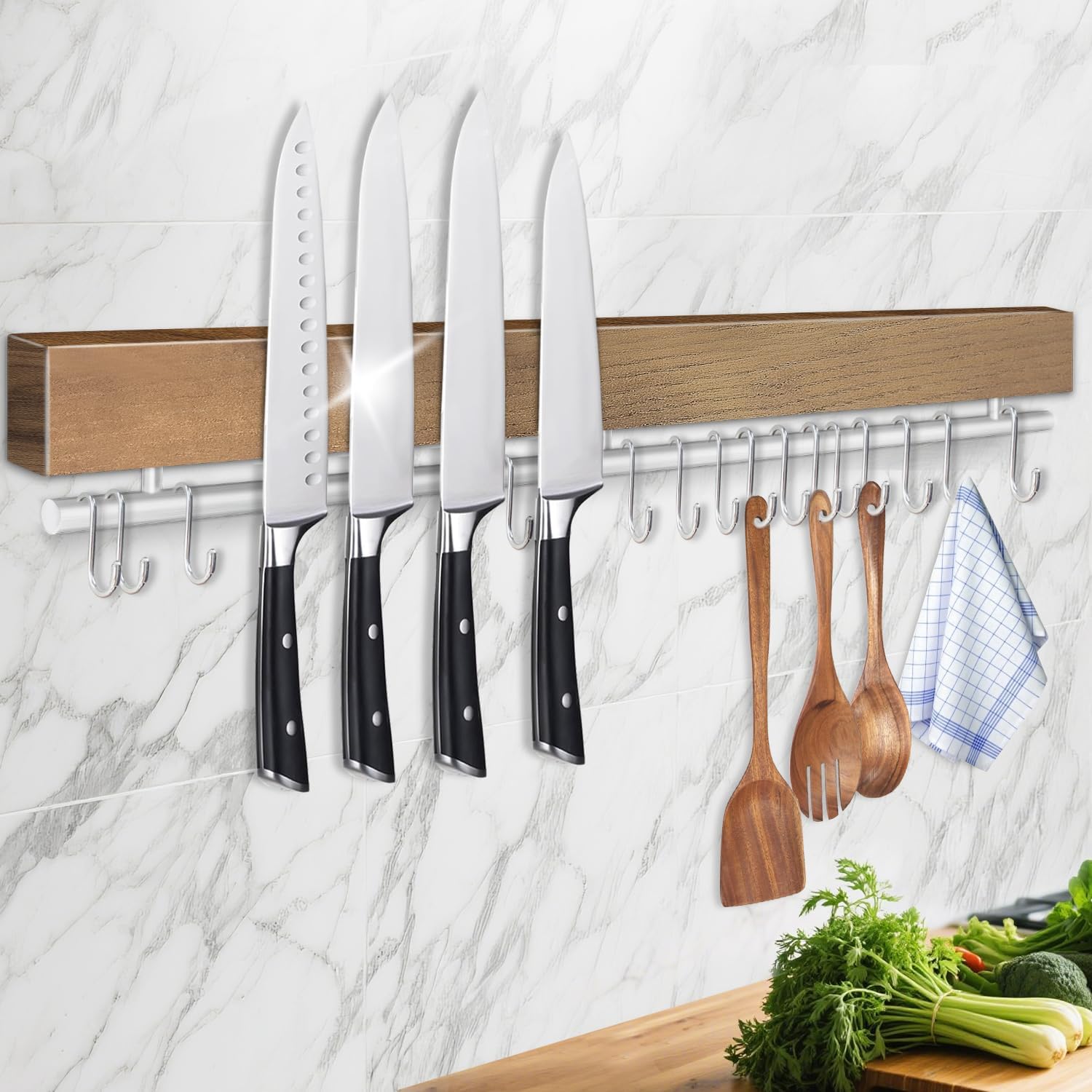 17 Inch Magnetic Knife Holder for Wall - Stainless Steel Knife Magnetic Strip No Drill with 10 Hooks/Adhesive Tape/Screws, Kitchen Utensil Holder, Magnetic Knife Organizer, Wall Mounted Knife Storage