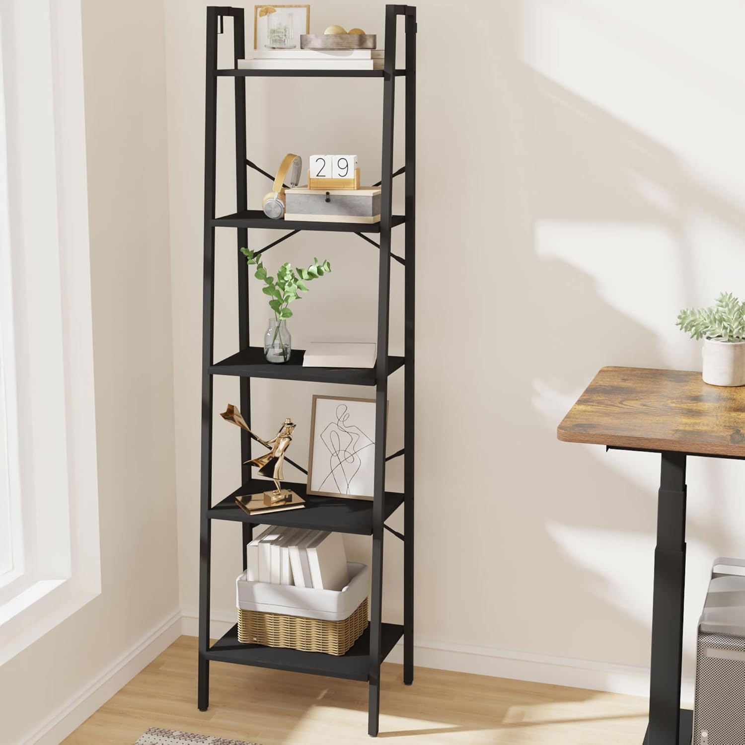 Ladder Shelf, Bookshelf Bookcase, Freestanding Corner Storage Shelve with 2 Hooks for Home Office, Living Room, Kitchen, Bedroom, Industrial, 11.8" D x 13.4" W x 63" H, Rustic Brown BC03201B