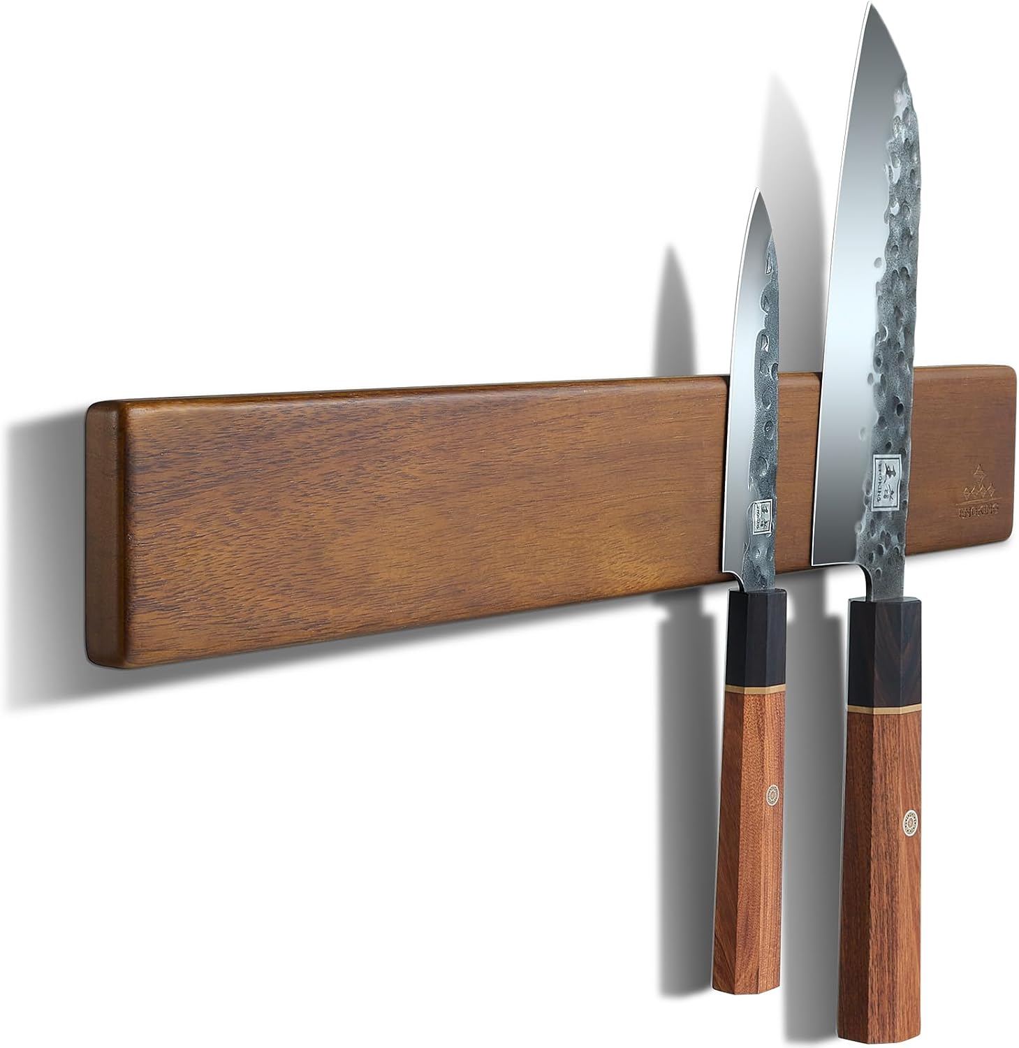 ENOKING 16 Inch Strong Magnetic Knife Holder for Wall, Solid Acacia Wood Knife Bar with 4 Hooks, 3-Way Installation: No-Drill Wall Mount, Screw Mount, & Refrigerator Slip-Proof Magnet Strip