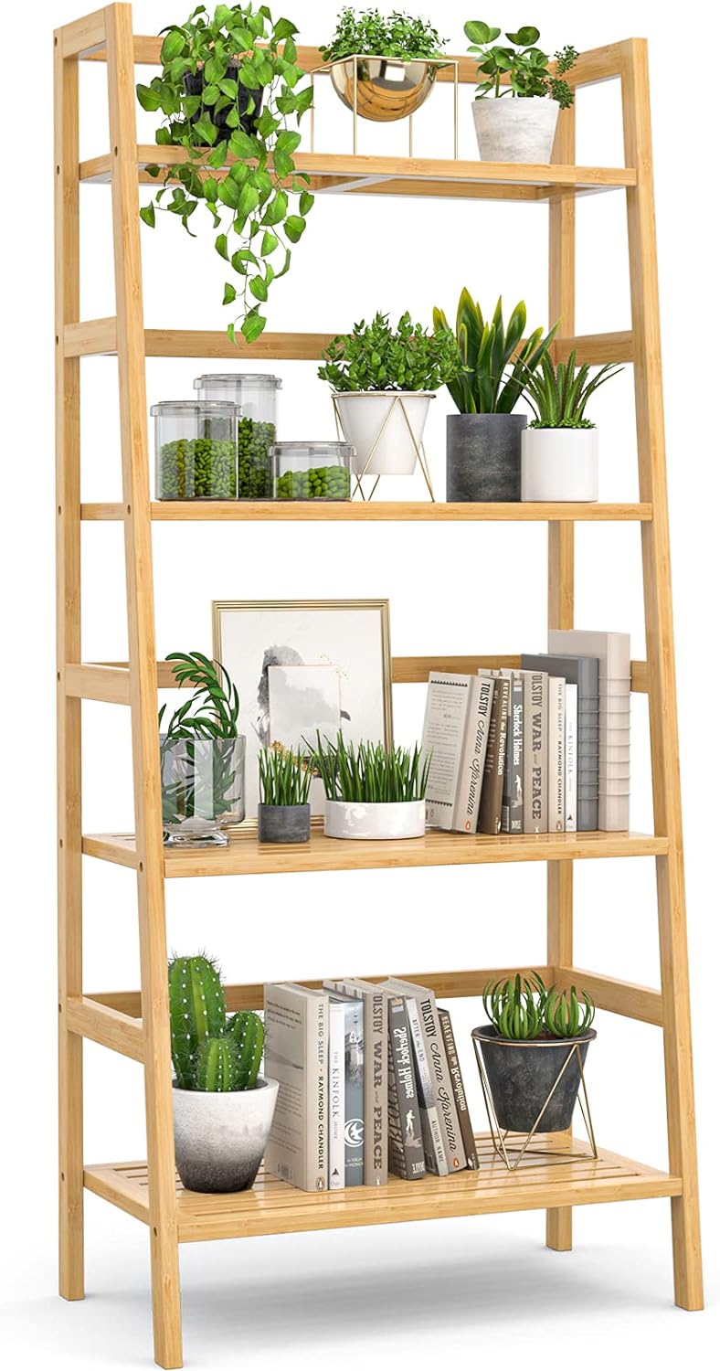Homykic Bamboo Bookshelf 4-Tier Ladder Shelf, 49.2” Freestanding Open Bookcase Book Shelf Bathroom Storage Shelf Unit Plant Stand for Small Space, Bedroom, Living Room, Home Office, Natural