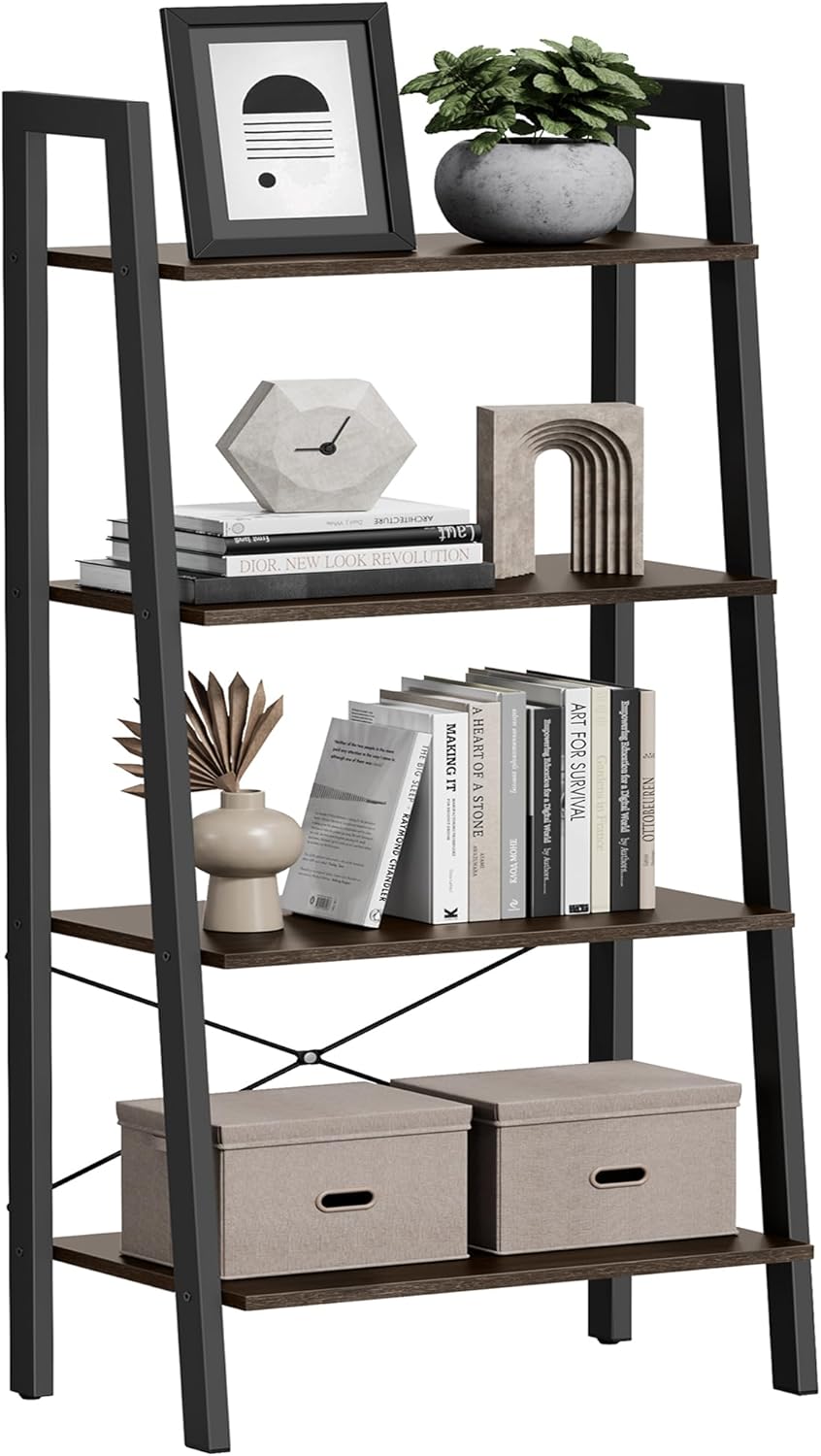 VASAGLE Ladder Shelf, 5-Tier Bookshelf, Storage Rack, Bookcase with Steel Frame, for Living Room, Home Office, Kitchen, Bedroom, Industrial Style, Ebony Black and Ink Black ULLS045B56