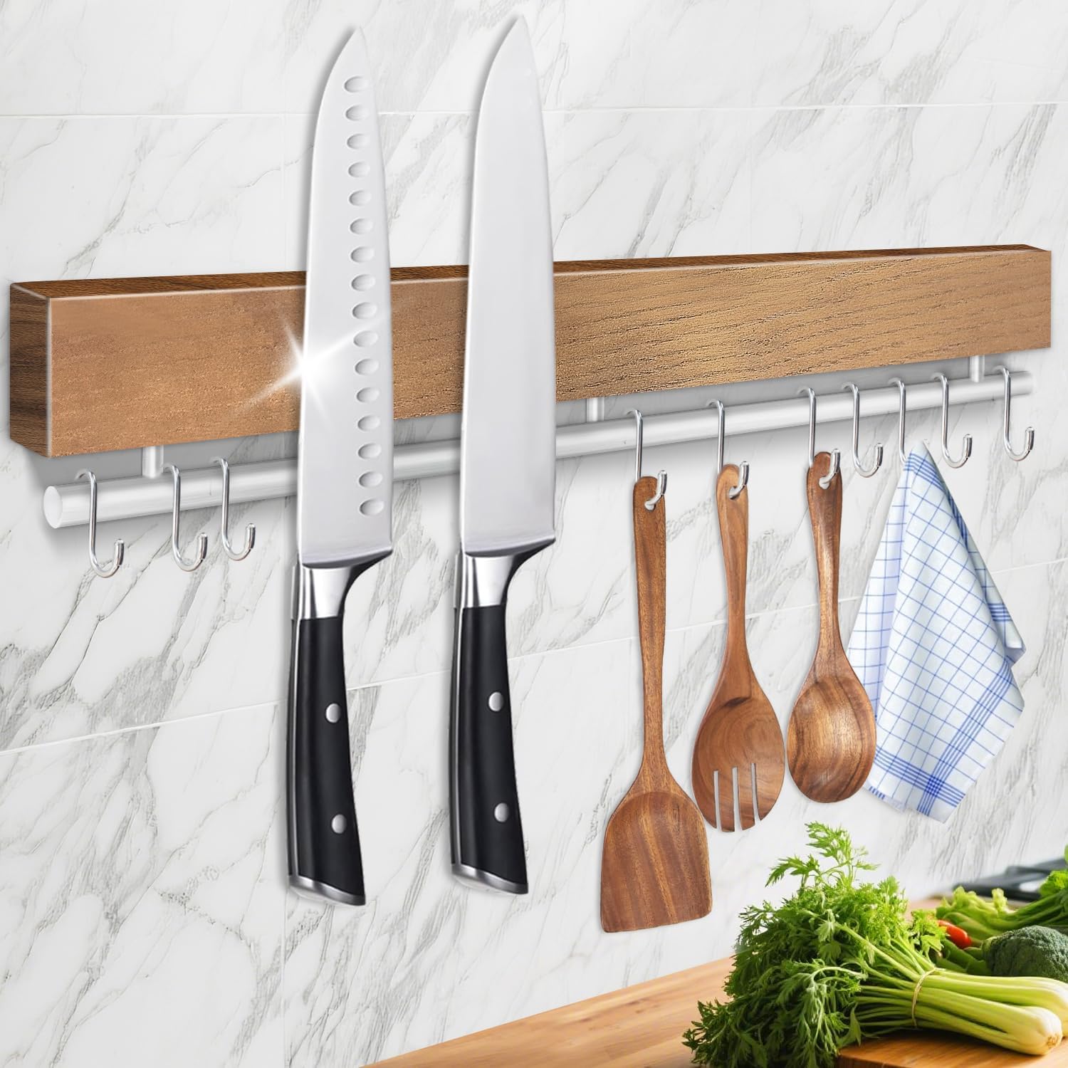 17 Inch Magnetic Knife Holder for Wall - Stainless Steel Knife Magnetic Strip No Drill with 10 Hooks/Adhesive Tape/Screws, Kitchen Utensil Holder, Magnetic Knife Organizer, Wall Mounted Knife Storage