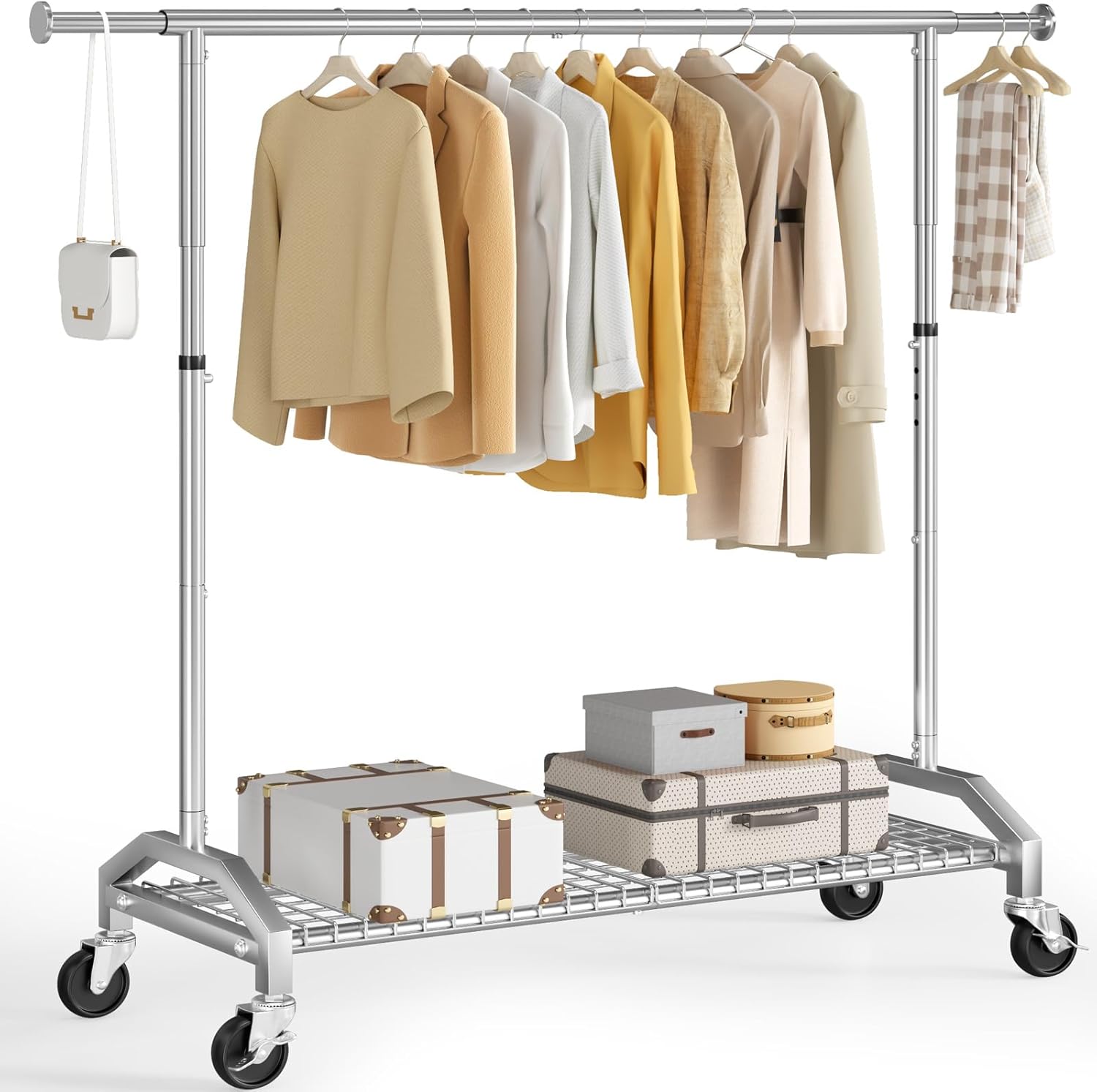 Heavy Duty Clothes Rack for Hanging Clothes 350lbs Clothing Rack 3" industrial Wheels 51 to 71" W x 16.53" D x 65" to 71" H Adjustable Rolling Clothes Rack Coat Rack Garment Rack Black