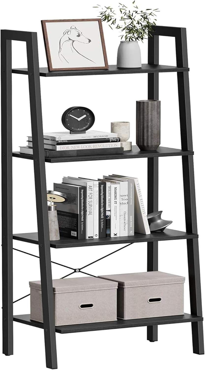 VASAGLE Ladder Shelf, 5-Tier Bookshelf, Storage Rack, Bookcase with Steel Frame, for Living Room, Home Office, Kitchen, Bedroom, Industrial Style, Ebony Black and Ink Black ULLS045B56