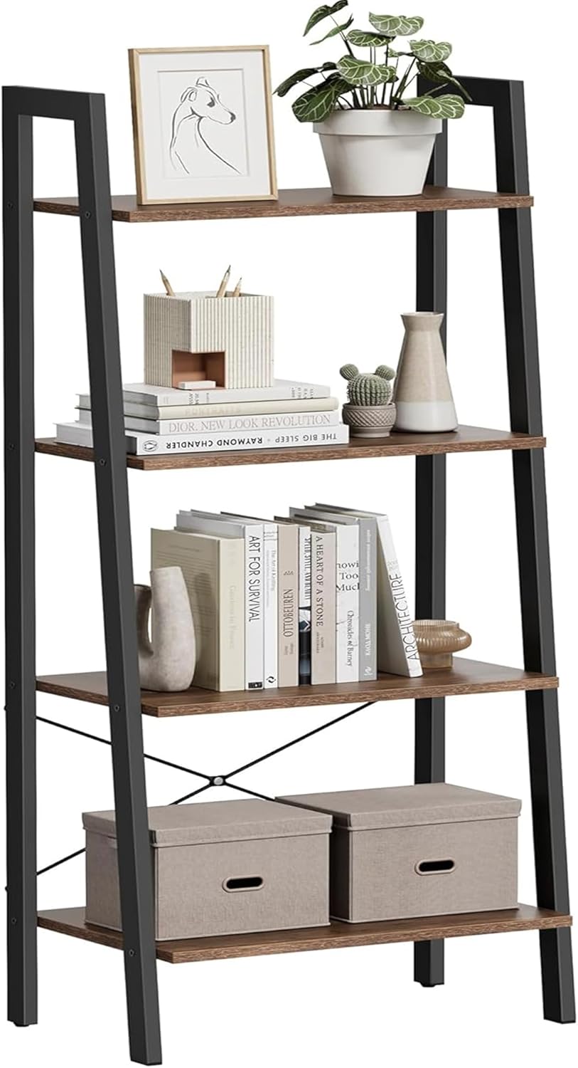 VASAGLE Ladder Shelf, 4-Tier Bookshelf, Storage Rack, Bookcase with Steel Frame, for Living Room, Home Office, Kitchen, Bedroom, Industrial Style, Rustic Brown and Ink Black ULLS44X