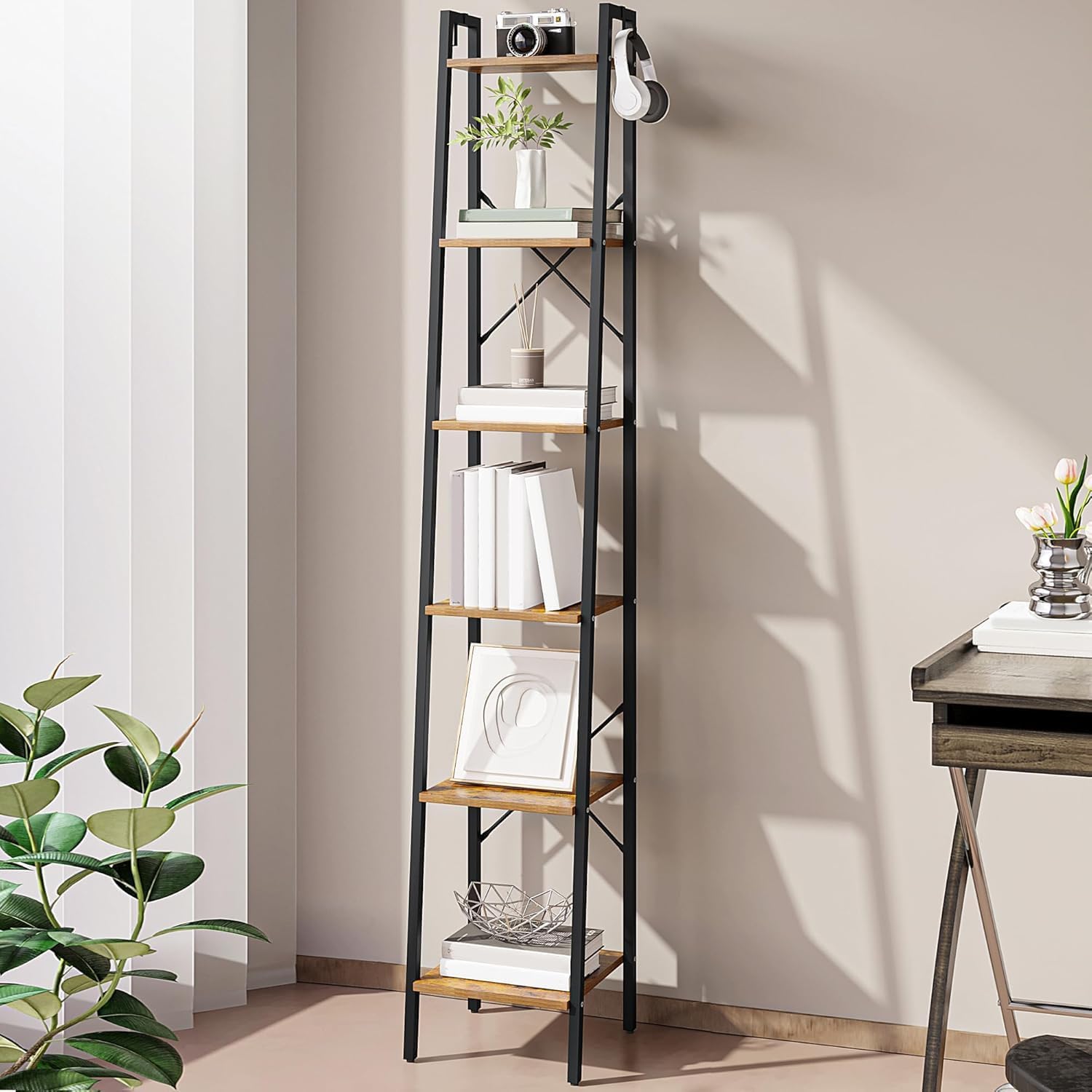 Ladder Shelf, Bookshelf Bookcase, Freestanding Corner Storage Shelve with 2 Hooks for Home Office, Living Room, Kitchen, Bedroom, Industrial, 11.8" D x 13.4" W x 63" H, Rustic Brown BC03201B