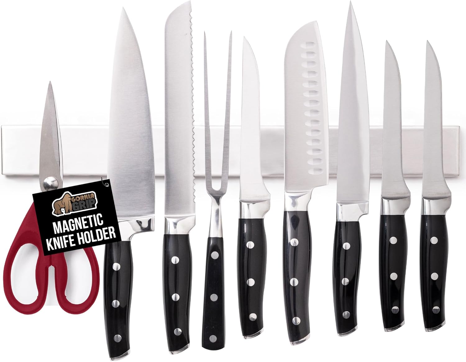 GORILLA GRIP Stainless Steel Magnetic Knife Holder for Wall, 24 in, Magnet Bar for Knives, Tools, Supplies, Heavy Duty Metal Strip Holds Up to 6 lbs, Kitchen Organizer, Non-Adhesive, Drilling Required