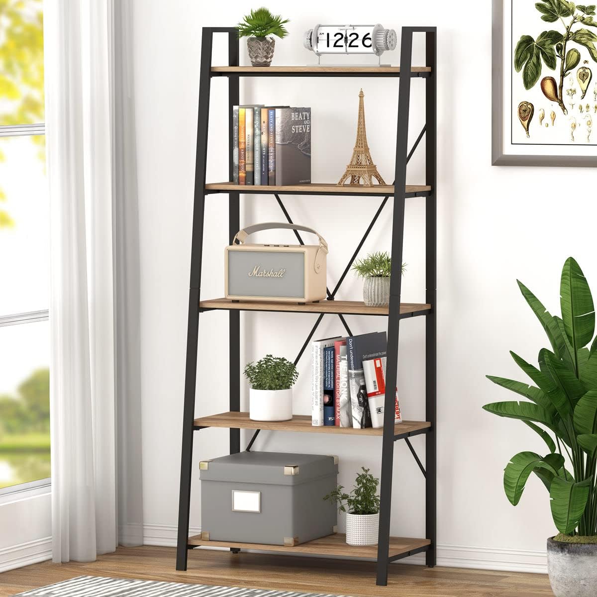 BON AUGURE Ladder Shelf Bookcase, 5-Tier Industrial Ladder Bookshelf, Tall Living Room Shelves, Wood and Metal Leaning Shelf for Home Office, Kitchen, Bedroom, Balcony (Rustic Oak)