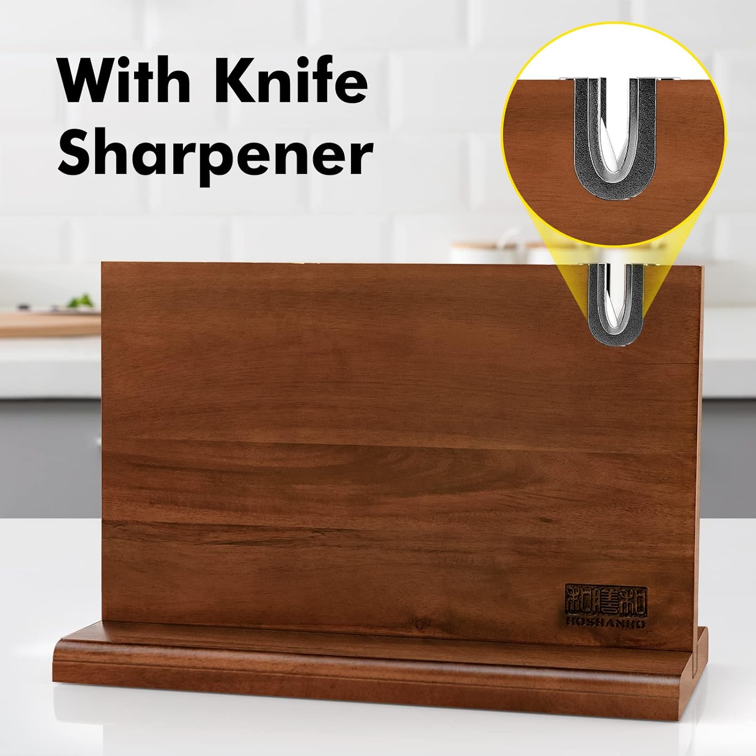HOSHANHO Magnetic Knife Block 14 x 10 Inches, Double Sided Magnetic Knife Holder Rack for Kitchen Counter, Acacia Wood Magnetic Knife Storage Stand with Knife Sharpener