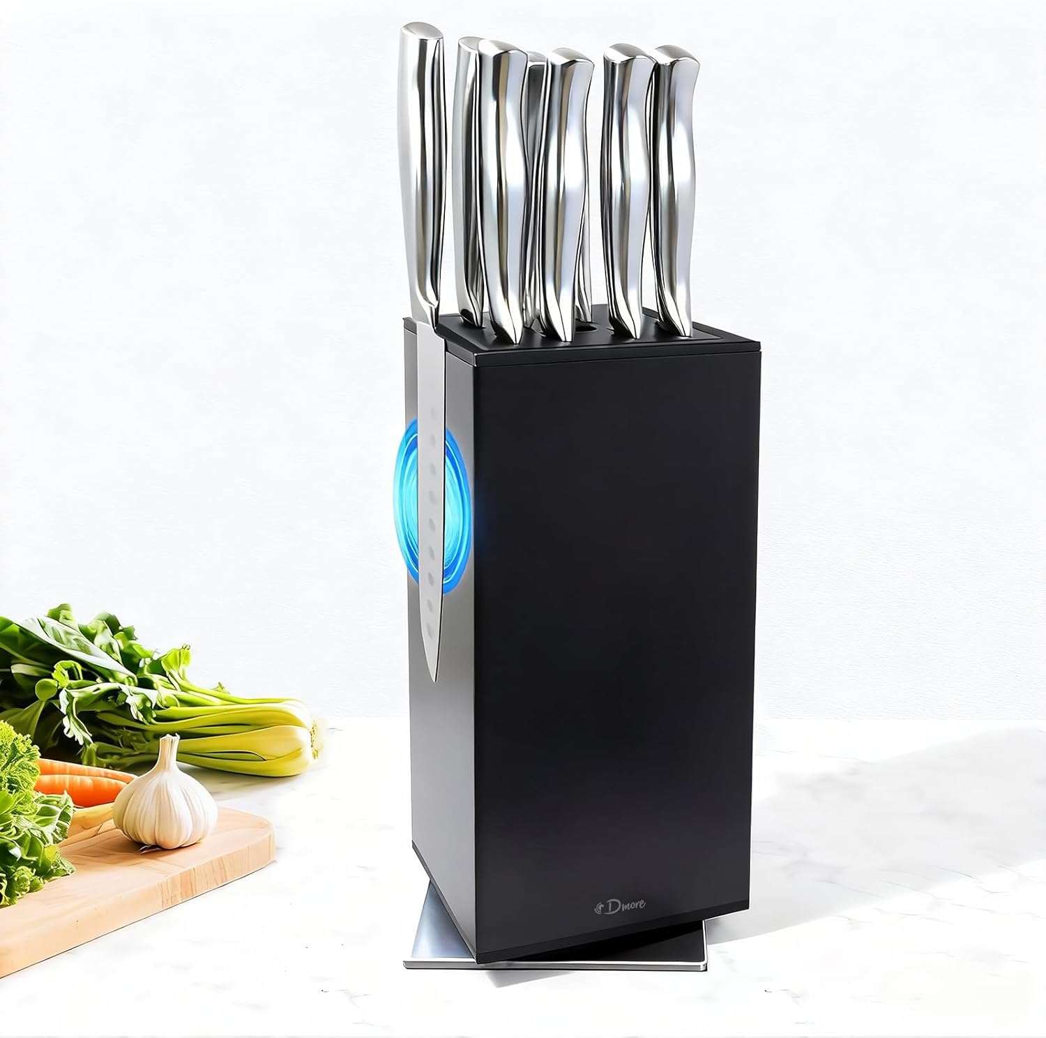 Dmore magnetic knife block without knives, 360° rotatable magnet knife holder stand made of fine acacia wood, Extra Large capacity knife storage for knives and utensils for kitchen counter top