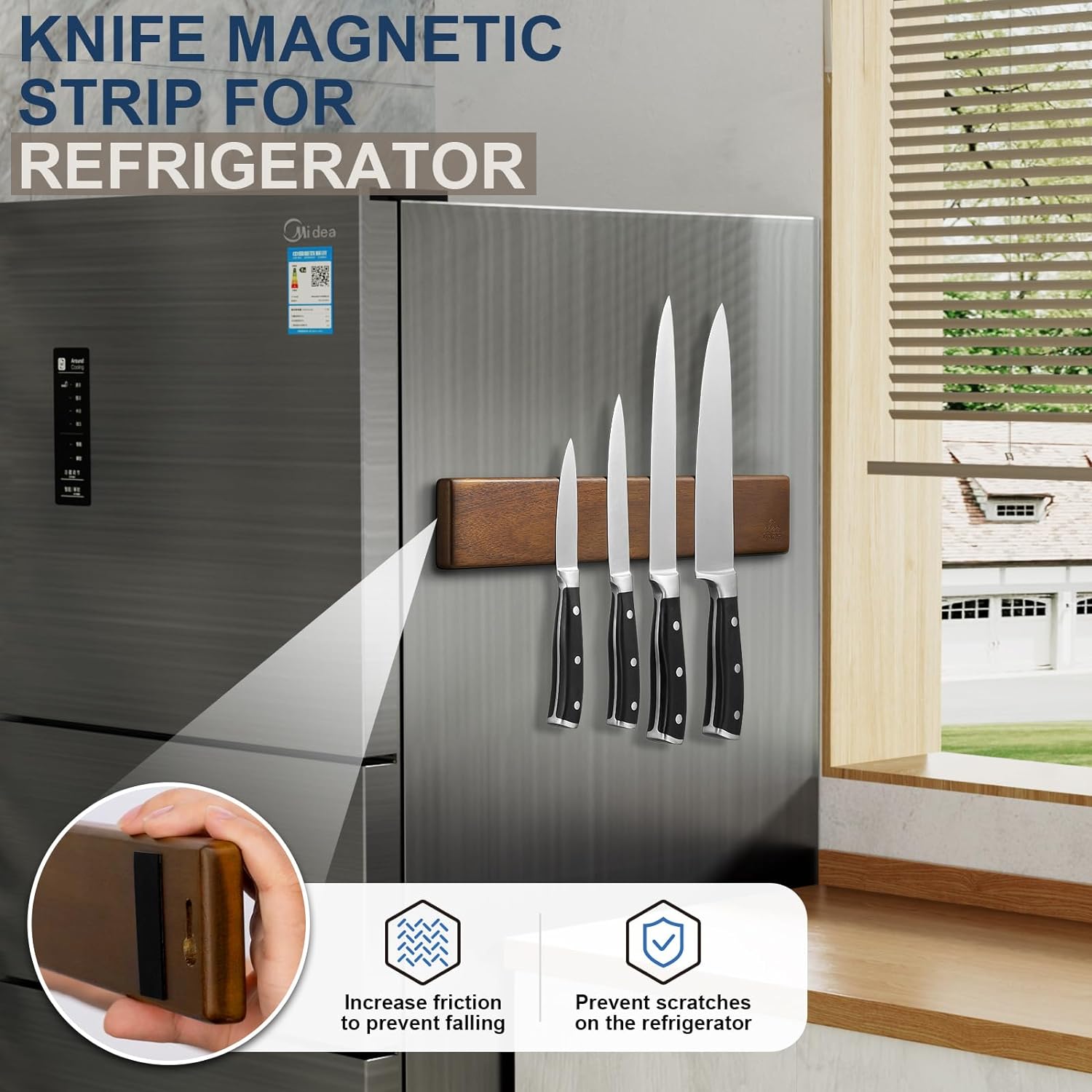 ENOKING 16 Inch Strong Magnetic Knife Holder for Wall, Solid Acacia Wood Knife Bar with 4 Hooks, 3-Way Installation: No-Drill Wall Mount, Screw Mount, & Refrigerator Slip-Proof Magnet Strip