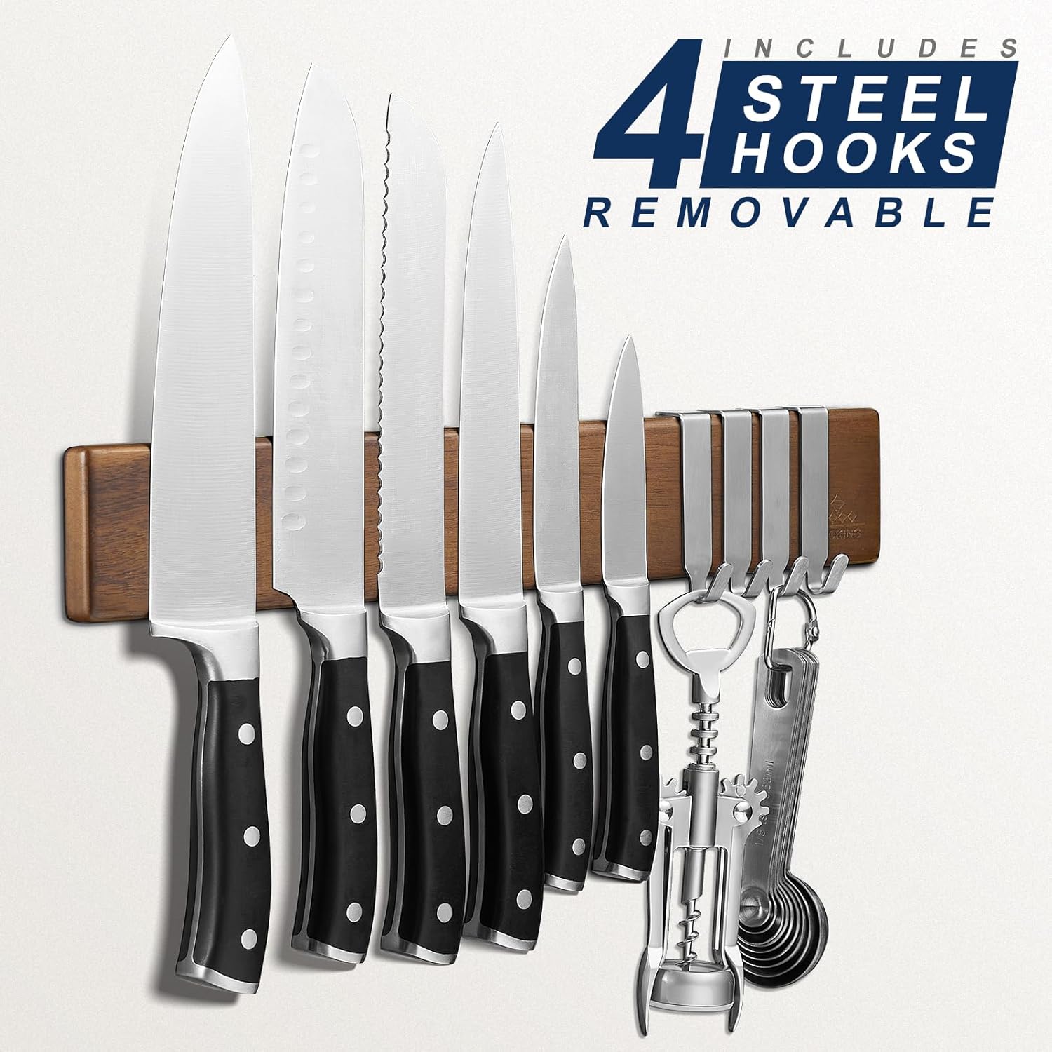 ENOKING 16 Inch Strong Magnetic Knife Holder for Wall, Solid Acacia Wood Knife Bar with 4 Hooks, 3-Way Installation: No-Drill Wall Mount, Screw Mount, & Refrigerator Slip-Proof Magnet Strip