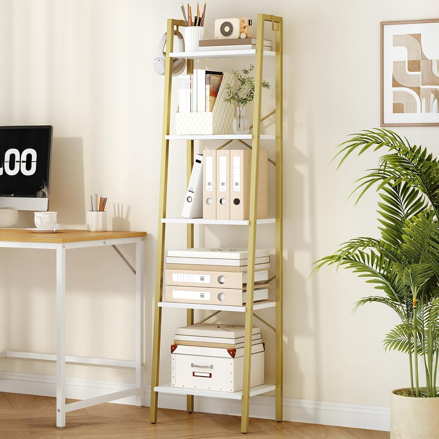 Ladder Shelf, Bookshelf Bookcase, Freestanding Corner Storage Shelve with 2 Hooks for Home Office, Living Room, Kitchen, Bedroom, Industrial, 11.8" D x 13.4" W x 63" H, Rustic Brown BC03201B