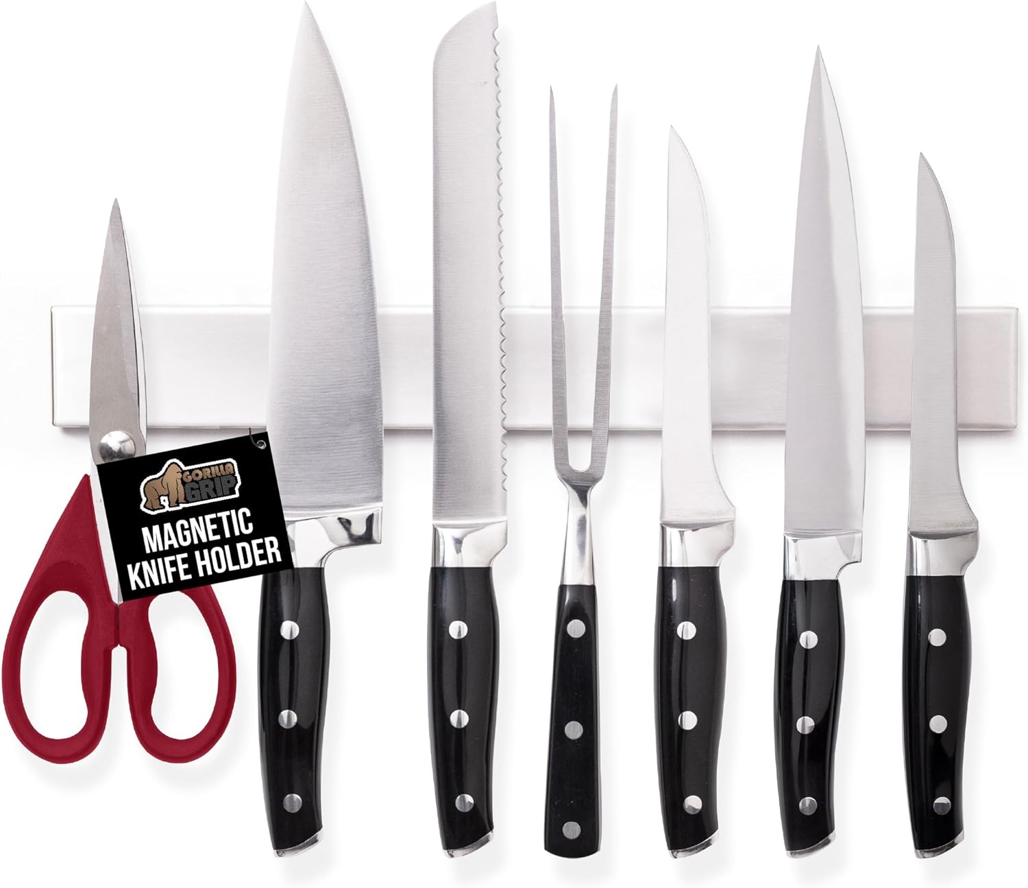 GORILLA GRIP Stainless Steel Magnetic Knife Holder for Wall, 24 in, Magnet Bar for Knives, Tools, Supplies, Heavy Duty Metal Strip Holds Up to 6 lbs, Kitchen Organizer, Non-Adhesive, Drilling Required