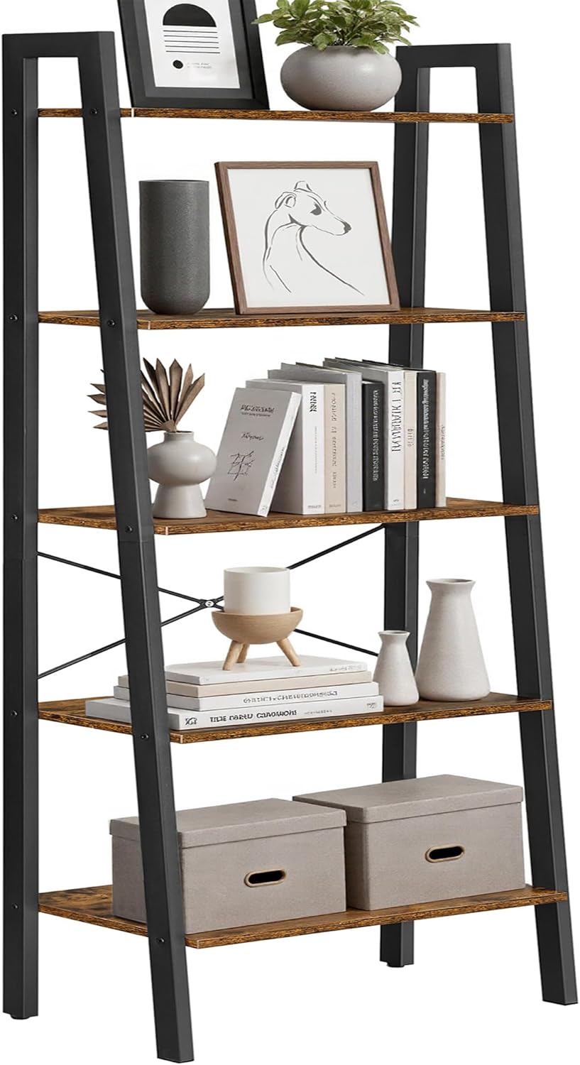 VASAGLE Ladder Shelf, 5-Tier Bookshelf, Storage Rack, Bookcase with Steel Frame, for Living Room, Home Office, Kitchen, Bedroom, Industrial Style, Ebony Black and Ink Black ULLS045B56