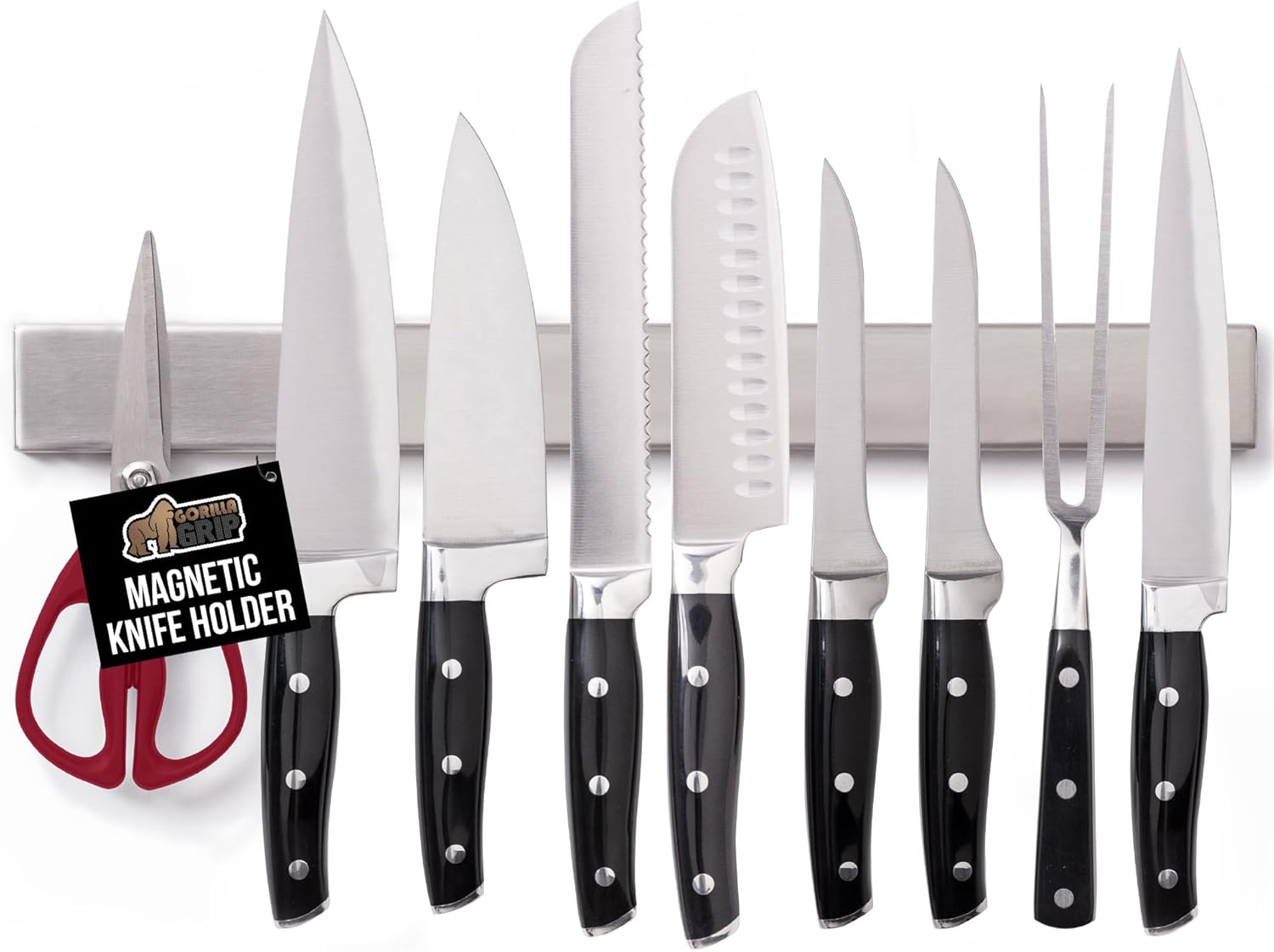 GORILLA GRIP Stainless Steel Magnetic Knife Holder for Wall, 24 in, Magnet Bar for Knives, Tools, Supplies, Heavy Duty Metal Strip Holds Up to 6 lbs, Kitchen Organizer, Non-Adhesive, Drilling Required