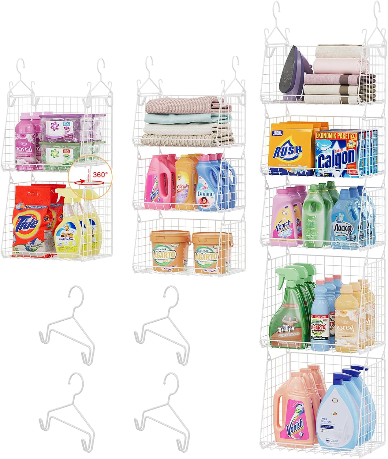 3-Tier Hanging Laundry Basket Organizer：Foldable Wire Shelf Laundry Room Organizer with 360°Rotating Hooks Small Space Solutions Closet Hanging Organizer - Laundry Organization, White Patent