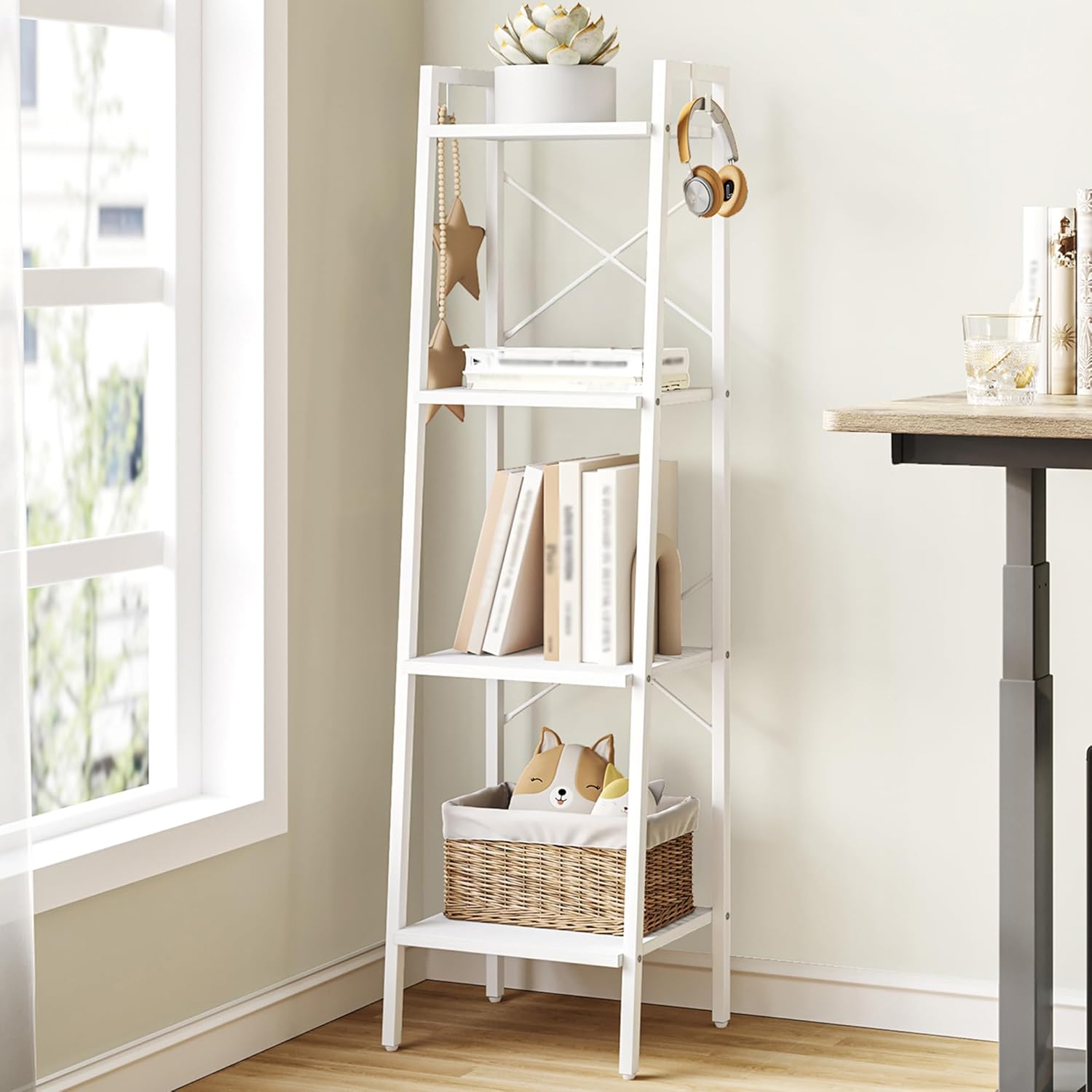 Ladder Shelf, Bookshelf Bookcase, Freestanding Corner Storage Shelve with 2 Hooks for Home Office, Living Room, Kitchen, Bedroom, Industrial, 11.8" D x 13.4" W x 63" H, Rustic Brown BC03201B