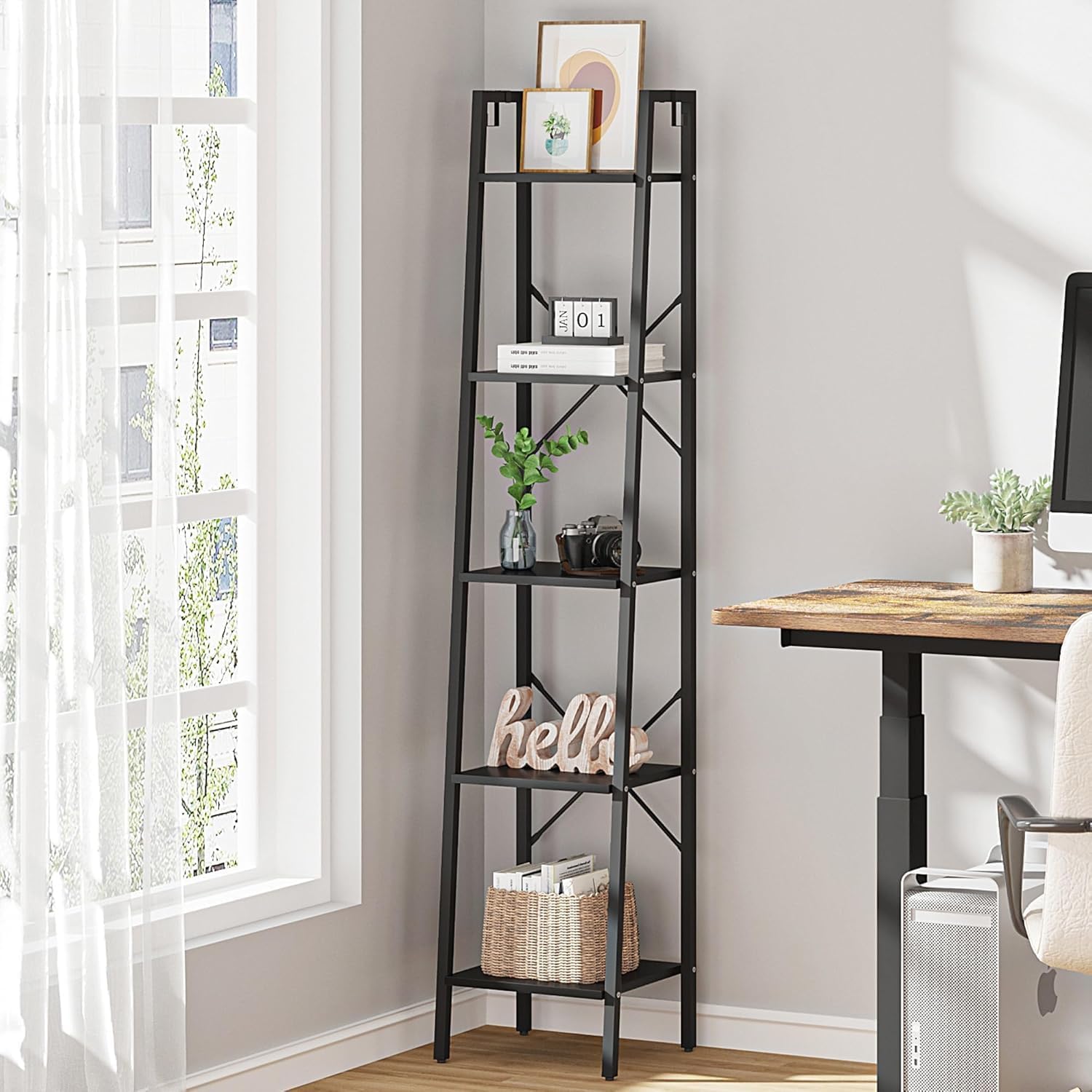 Ladder Shelf, Bookshelf Bookcase, Freestanding Corner Storage Shelve with 2 Hooks for Home Office, Living Room, Kitchen, Bedroom, Industrial, 11.8" D x 13.4" W x 63" H, Rustic Brown BC03201B