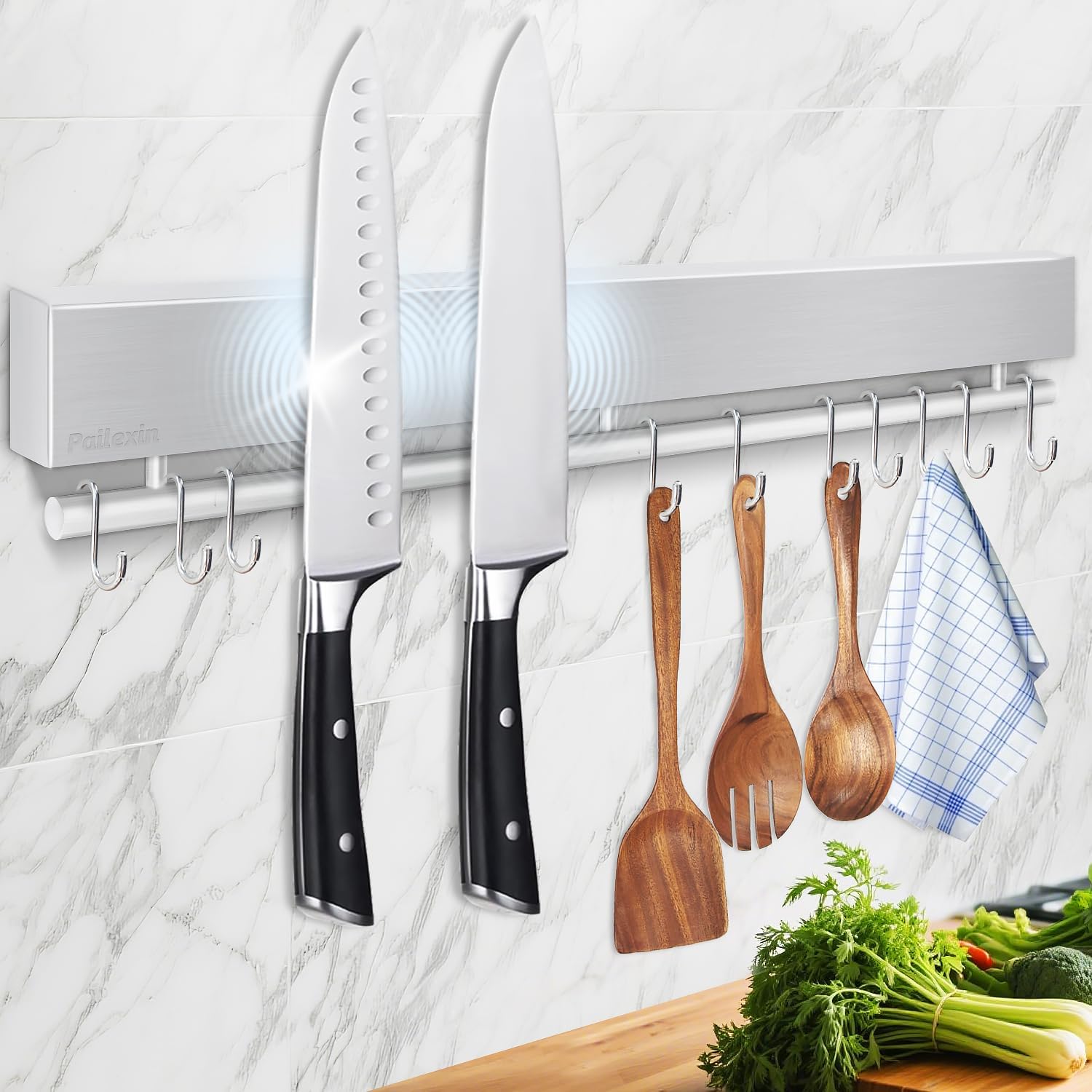 17 Inch Magnetic Knife Holder for Wall - Stainless Steel Knife Magnetic Strip No Drill with 10 Hooks/Adhesive Tape/Screws, Kitchen Utensil Holder, Magnetic Knife Organizer, Wall Mounted Knife Storage