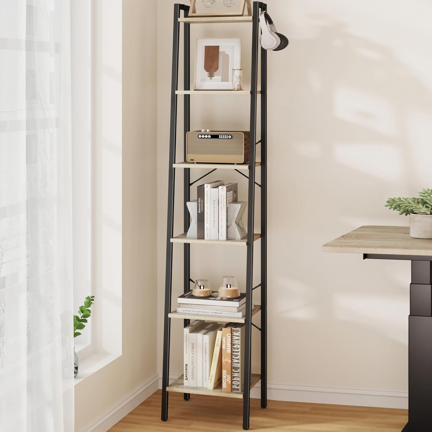 Ladder Shelf, Bookshelf Bookcase, Freestanding Corner Storage Shelve with 2 Hooks for Home Office, Living Room, Kitchen, Bedroom, Industrial, 11.8" D x 13.4" W x 63" H, Rustic Brown BC03201B