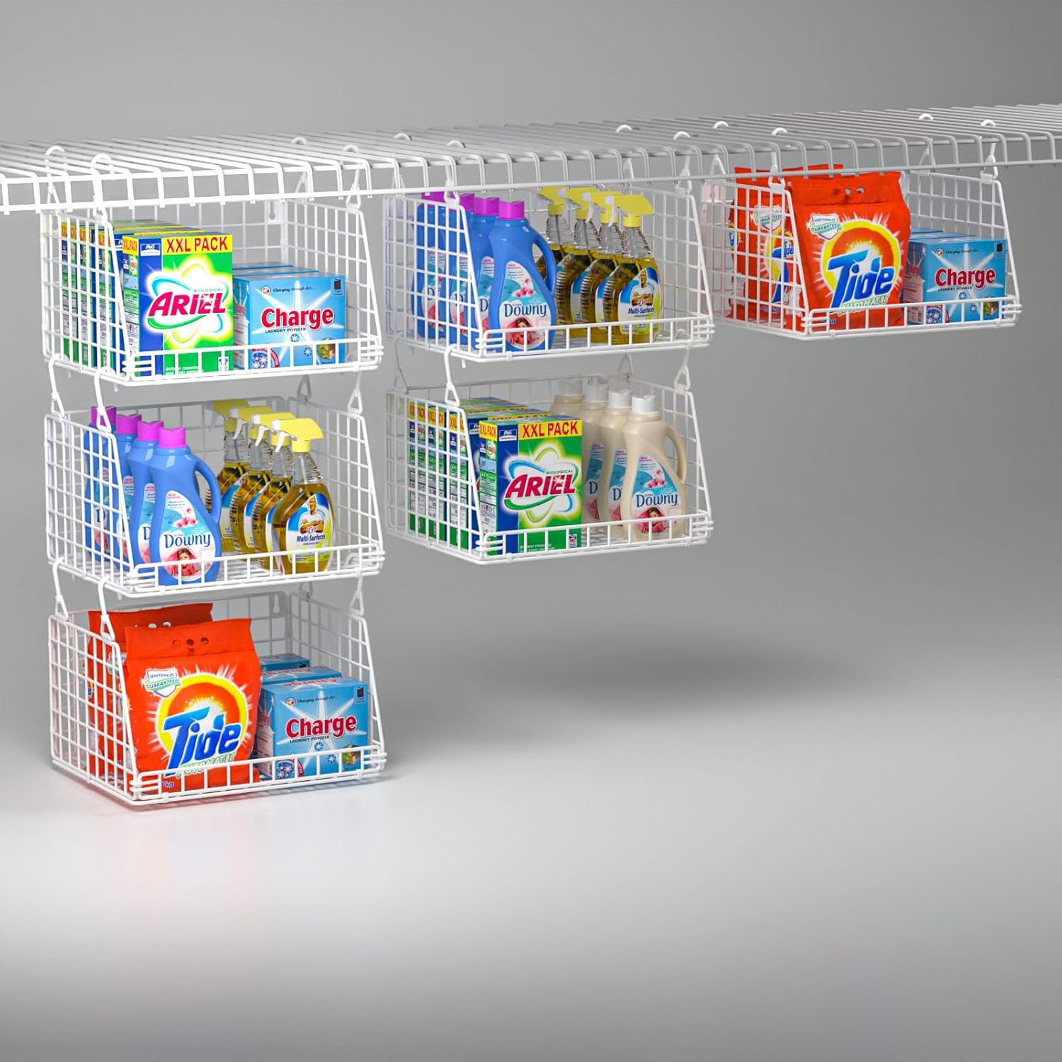 3-Pack Laundry Room Organization and Storage, Hanging Wire Basket for Laundry with 360°Rotating Hooks, Over Washer and Dryer Shelves, Laundry Organizers and Storage Basket, white