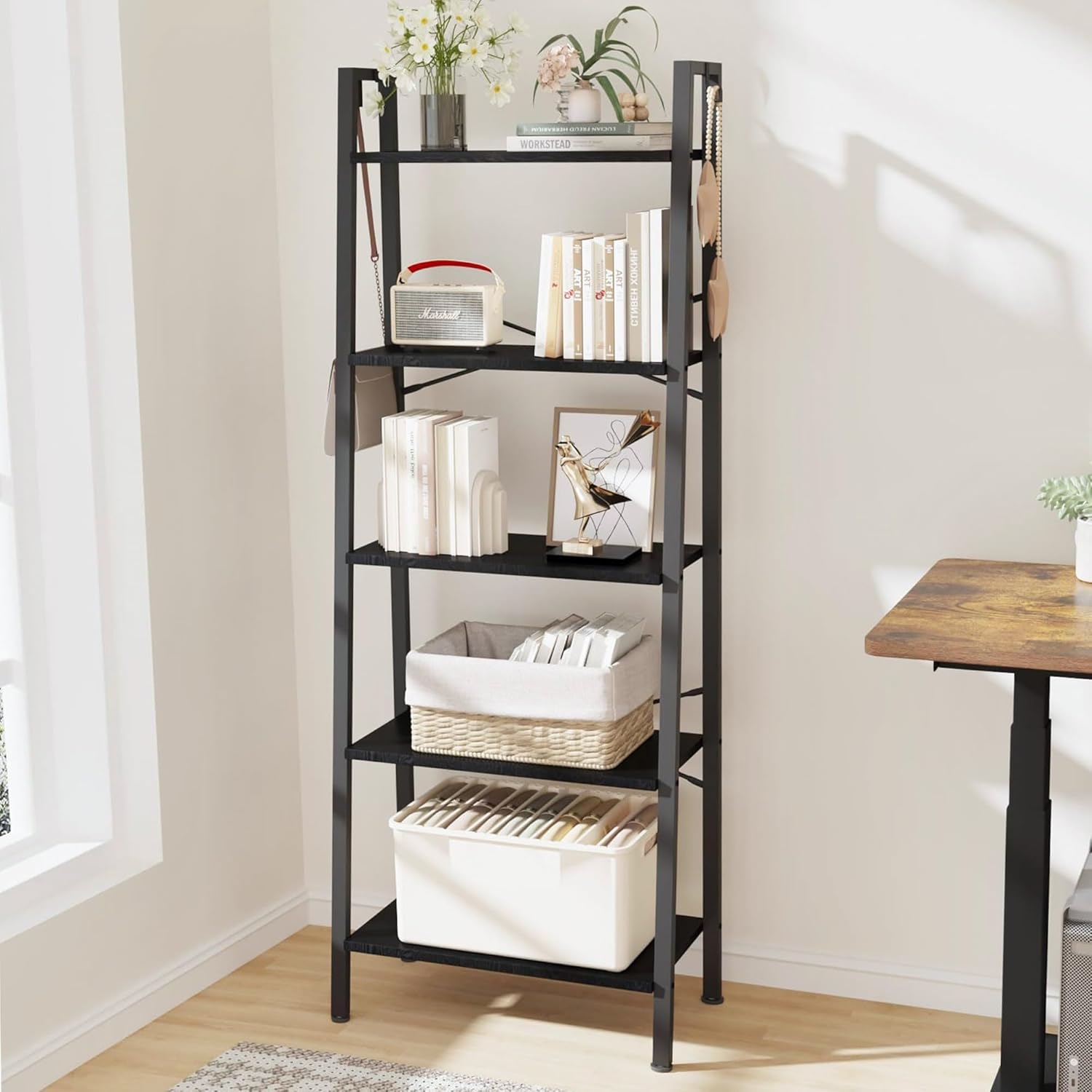 Ladder Shelf, Bookshelf Bookcase, Freestanding Corner Storage Shelve with 2 Hooks for Home Office, Living Room, Kitchen, Bedroom, Industrial, 11.8" D x 13.4" W x 63" H, Rustic Brown BC03201B