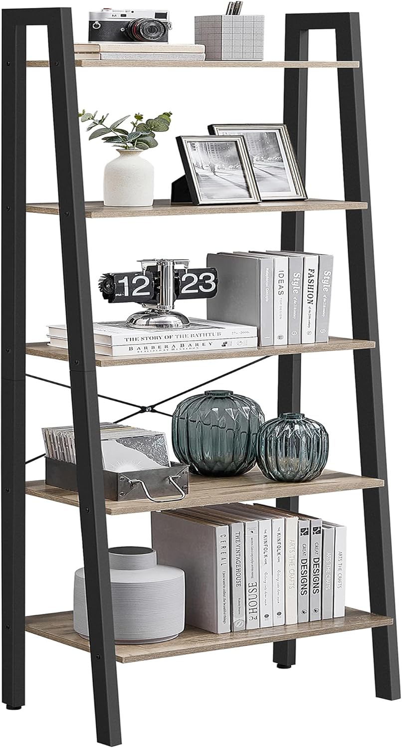 VASAGLE Ladder Shelf, 4-Tier Bookshelf, Storage Rack, Bookcase with Steel Frame, for Living Room, Home Office, Kitchen, Bedroom, Industrial Style, Rustic Brown and Ink Black ULLS44X