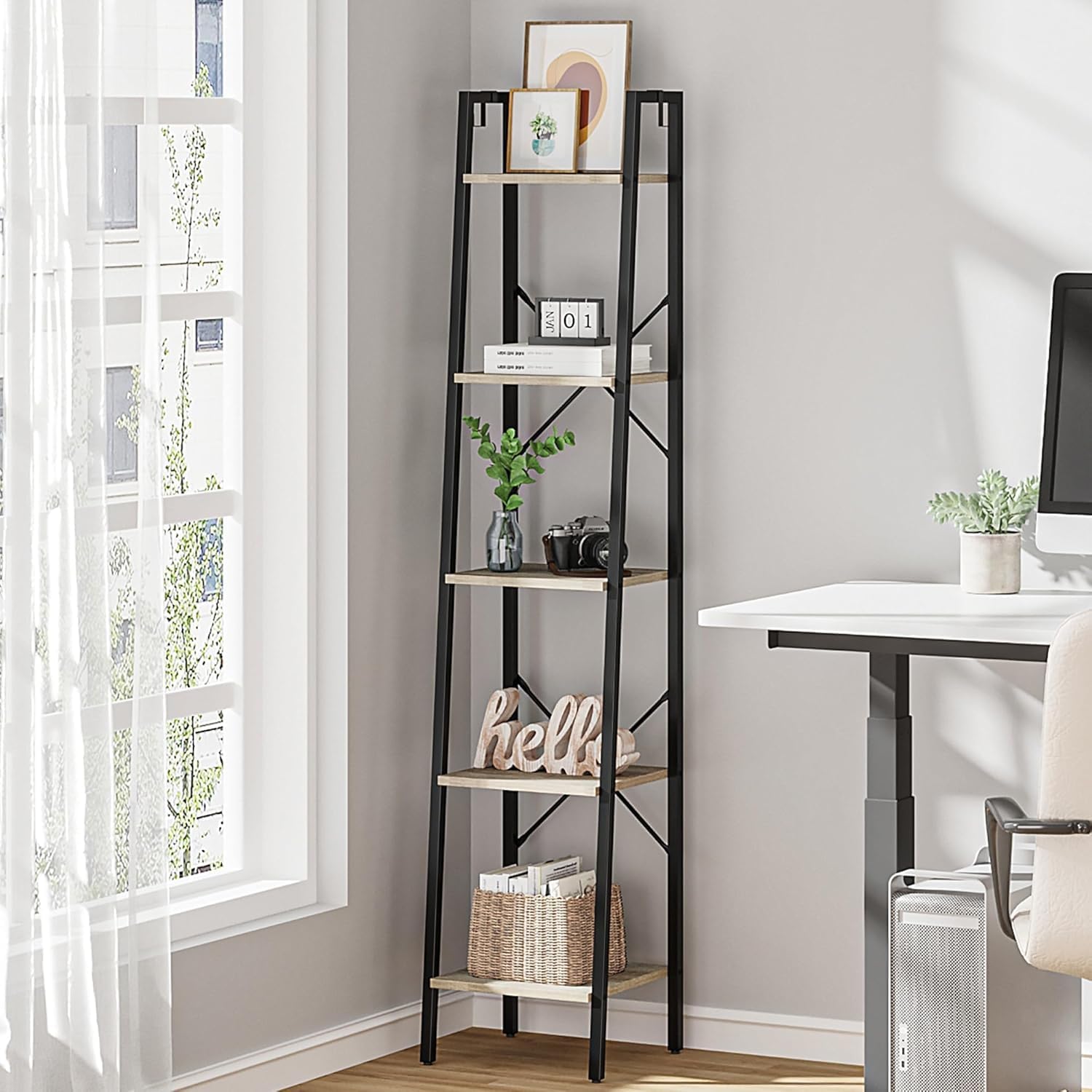 Ladder Shelf, Bookshelf Bookcase, Freestanding Corner Storage Shelve with 2 Hooks for Home Office, Living Room, Kitchen, Bedroom, Industrial, 11.8" D x 13.4" W x 63" H, Rustic Brown BC03201B