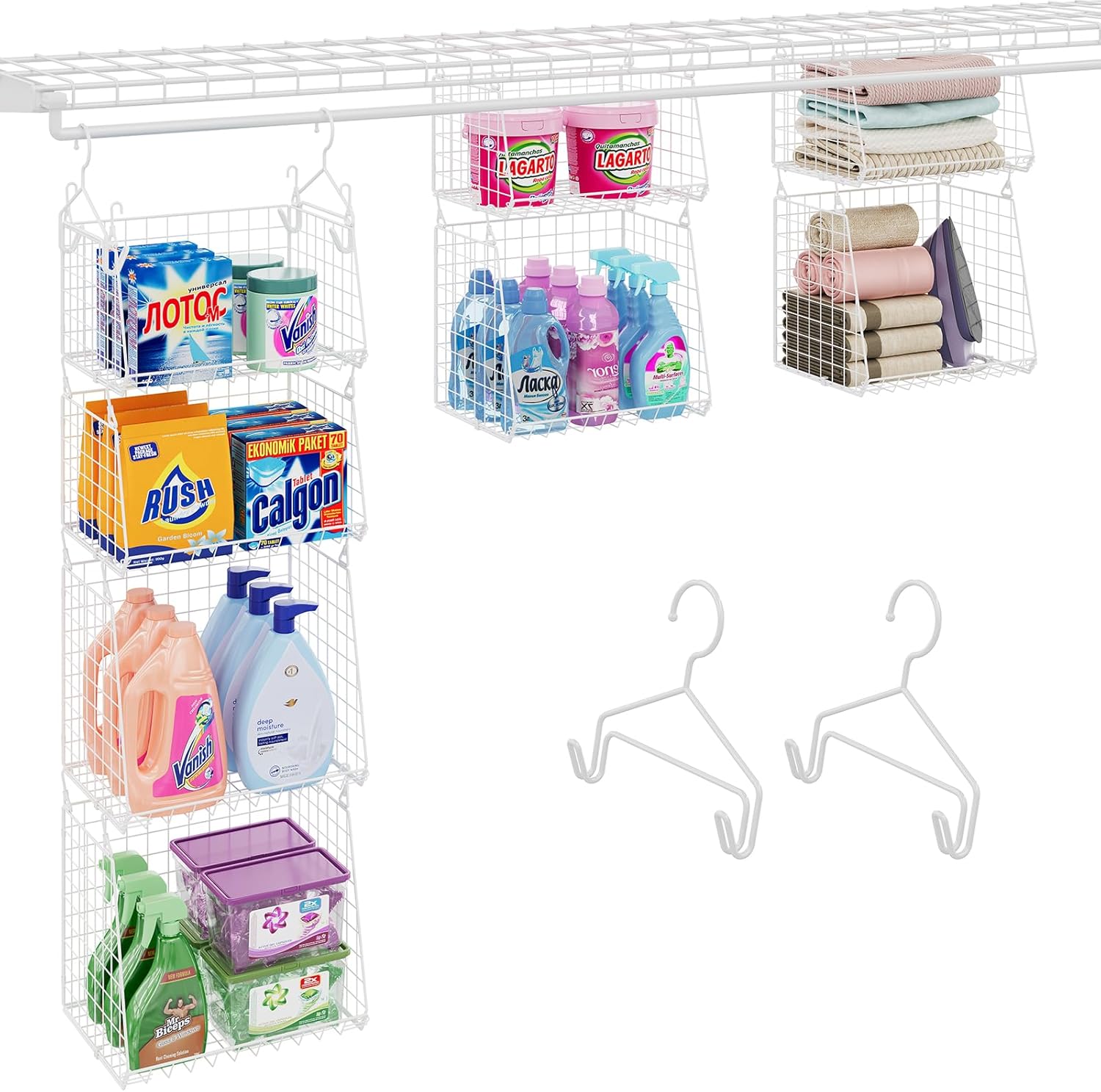 3-Tier Hanging Laundry Basket Organizer：Foldable Wire Shelf Laundry Room Organizer with 360°Rotating Hooks Small Space Solutions Closet Hanging Organizer - Laundry Organization, White Patent