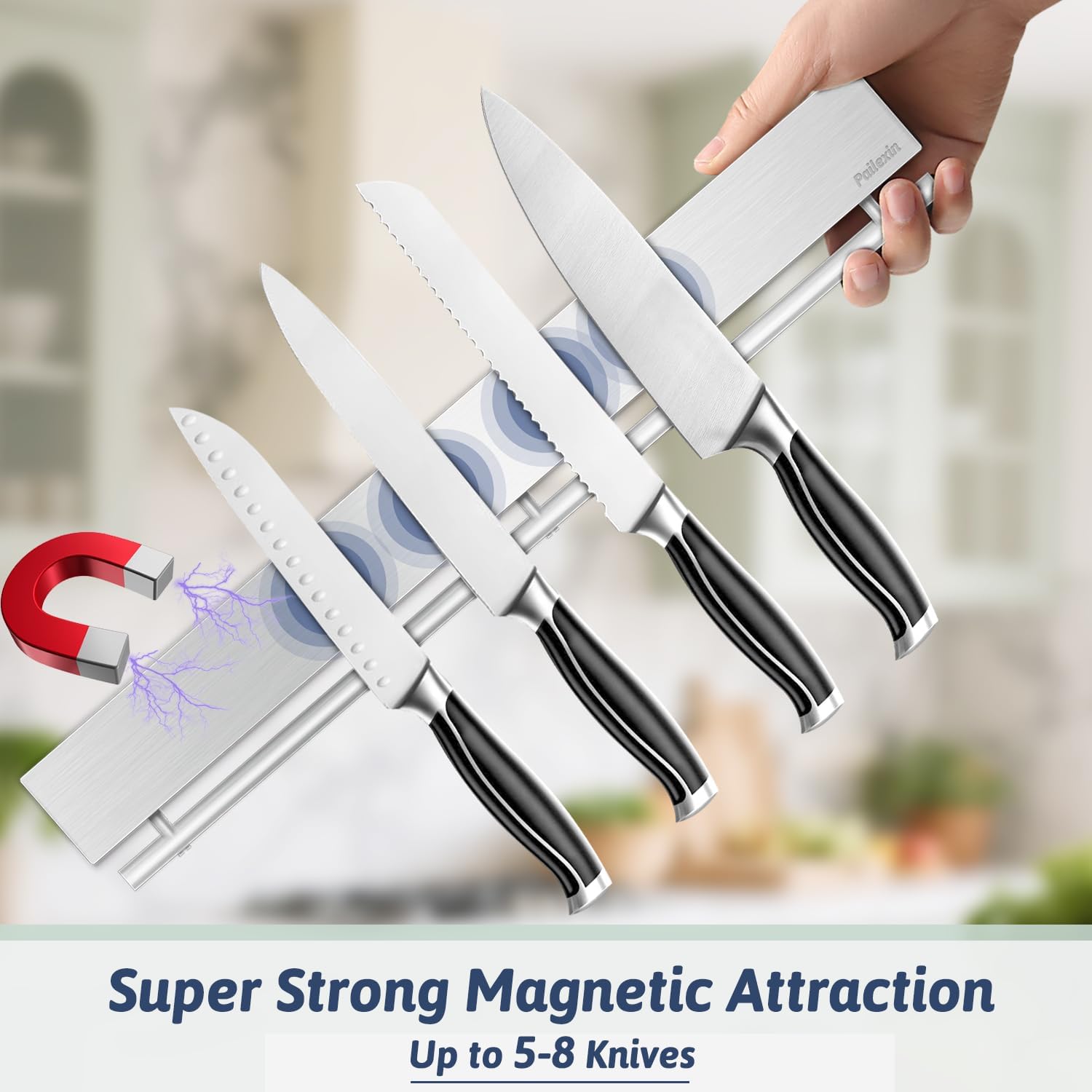 17 Inch Magnetic Knife Holder for Wall - Stainless Steel Knife Magnetic Strip No Drill with 10 Hooks/Adhesive Tape/Screws, Kitchen Utensil Holder, Magnetic Knife Organizer, Wall Mounted Knife Storage