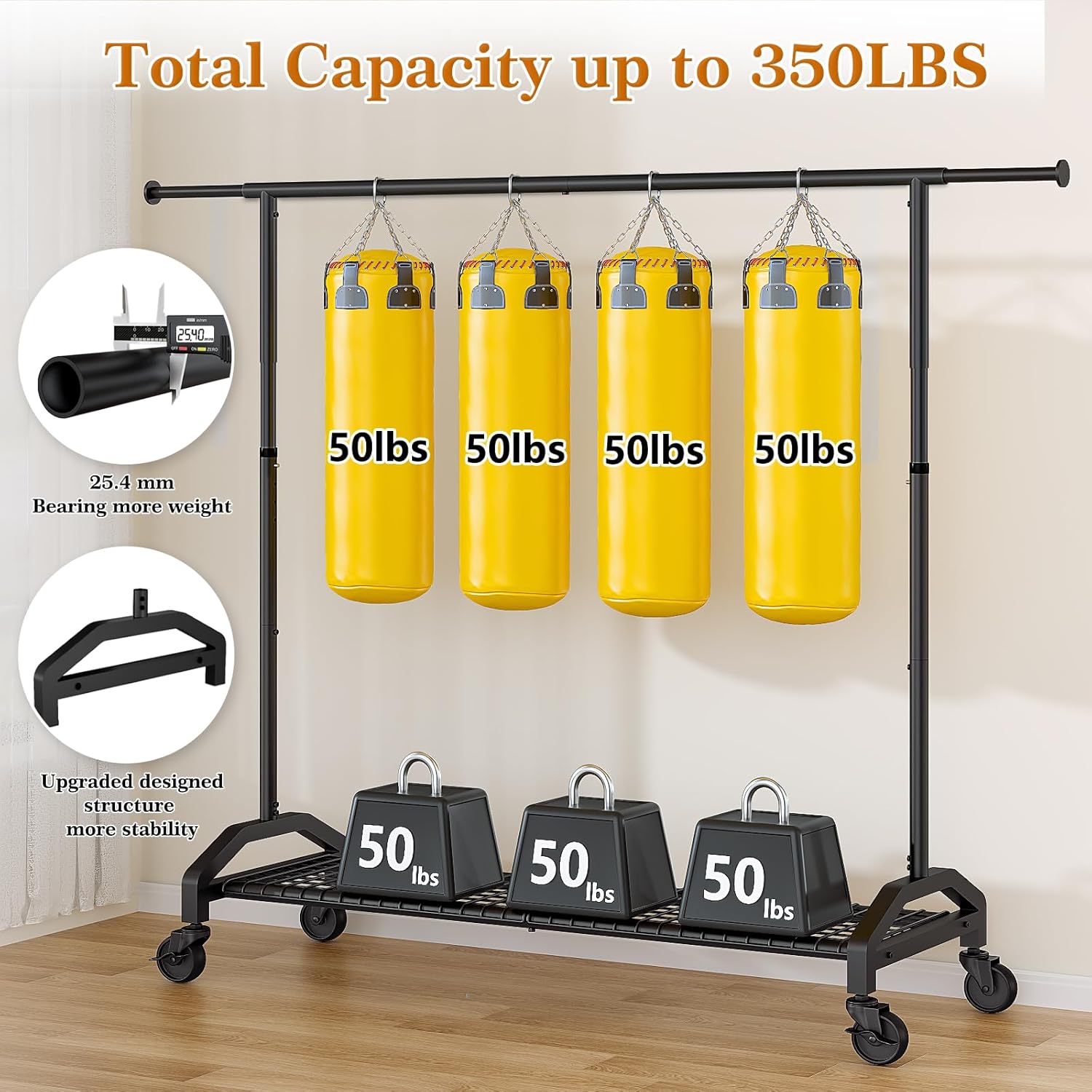 Heavy Duty Clothes Rack for Hanging Clothes 350lbs Clothing Rack 3" industrial Wheels 51 to 71" W x 16.53" D x 65" to 71" H Adjustable Rolling Clothes Rack Coat Rack Garment Rack Black